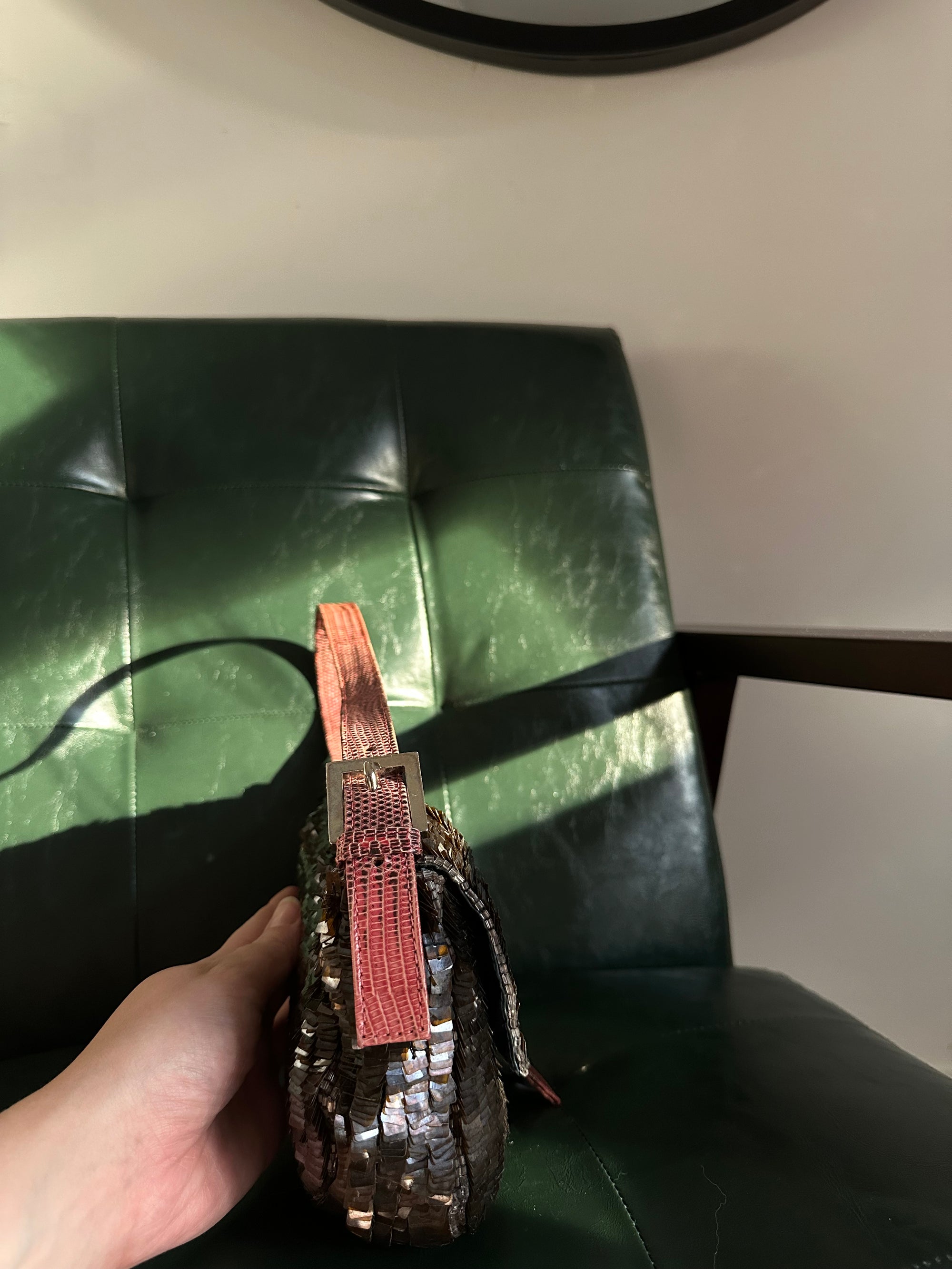 Rare! Fendi Vintage Brown Sequin Baguette With Exotic Lizard Trim
