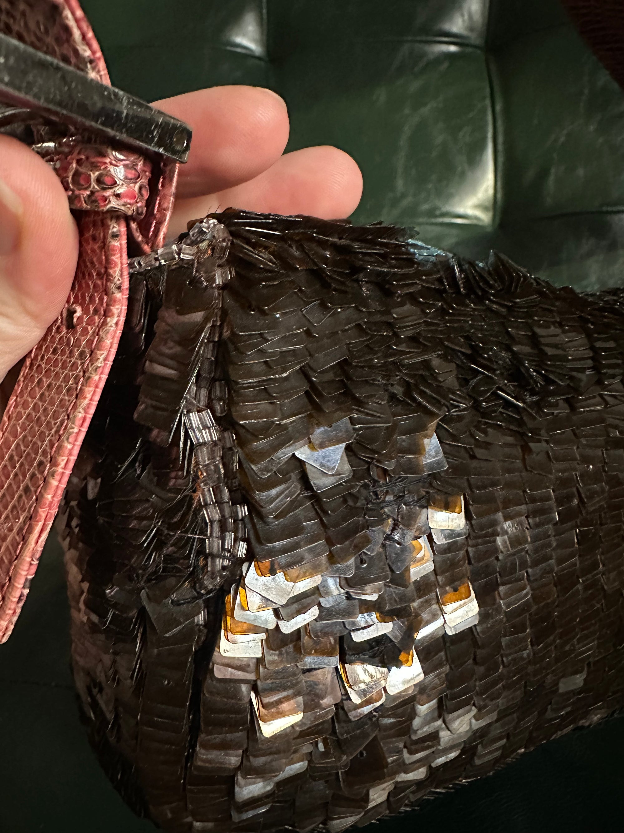 Rare! Fendi Vintage Brown Sequin Baguette With Exotic Lizard Trim