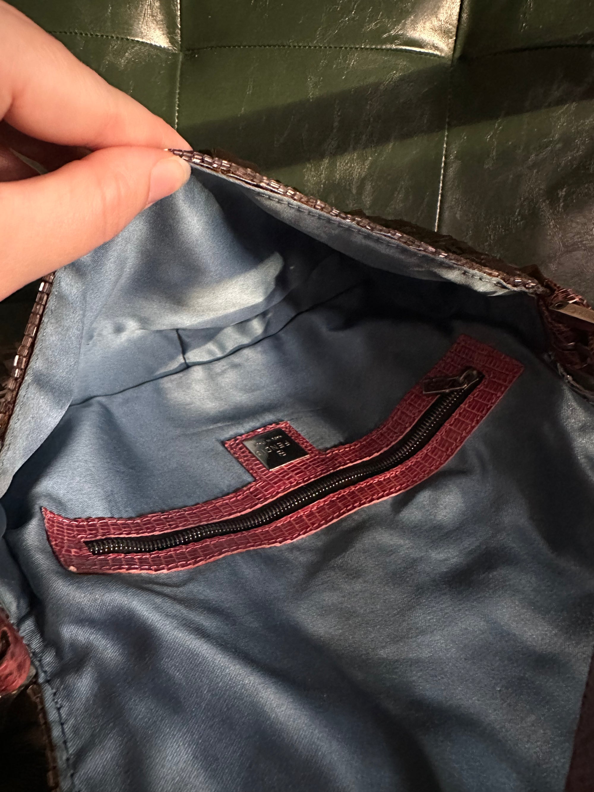 Rare! Fendi Vintage Brown Sequin Baguette With Exotic Lizard Trim