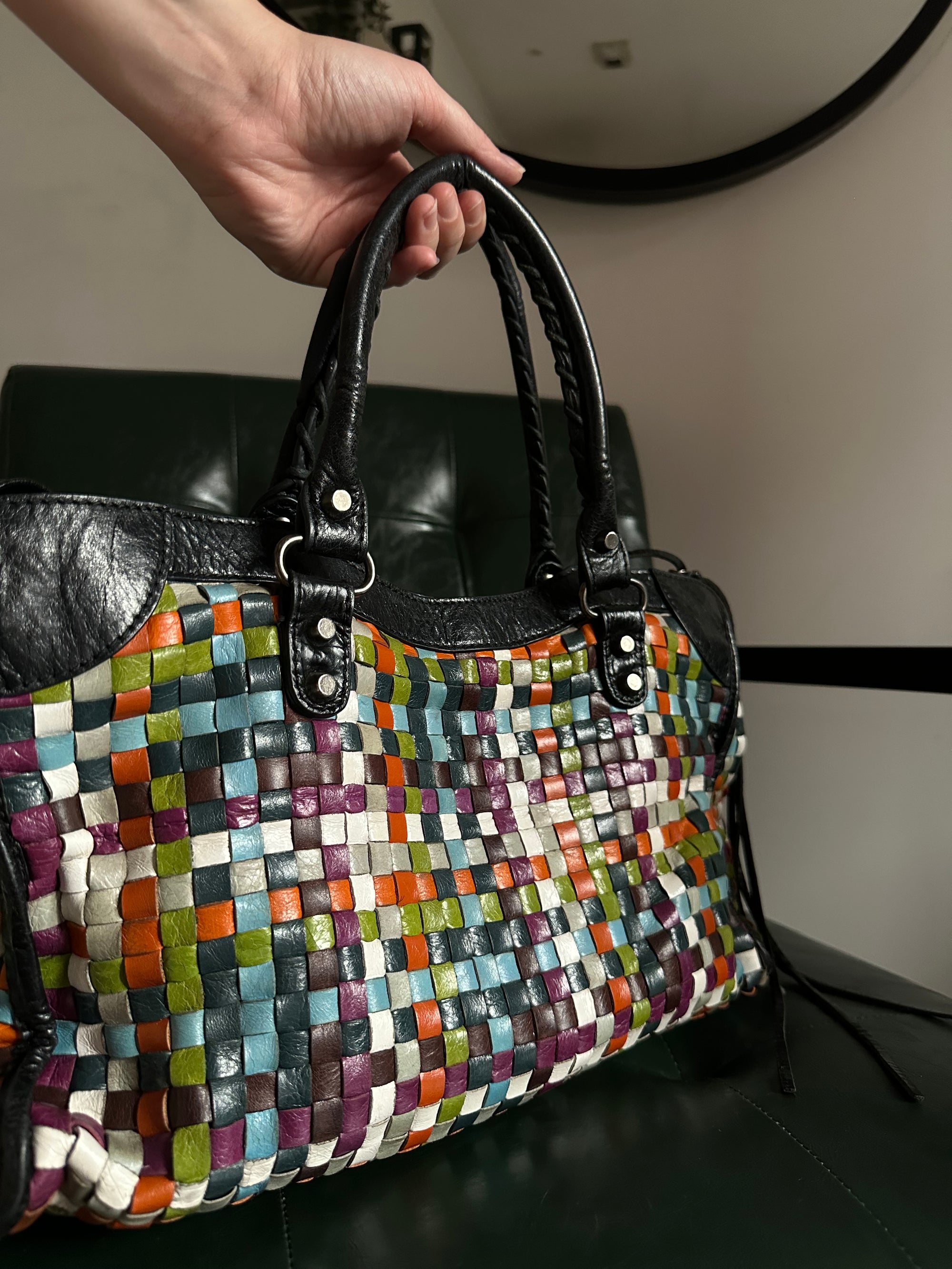 Rare Balenciaga Woven Multicolour City Bag - Medium