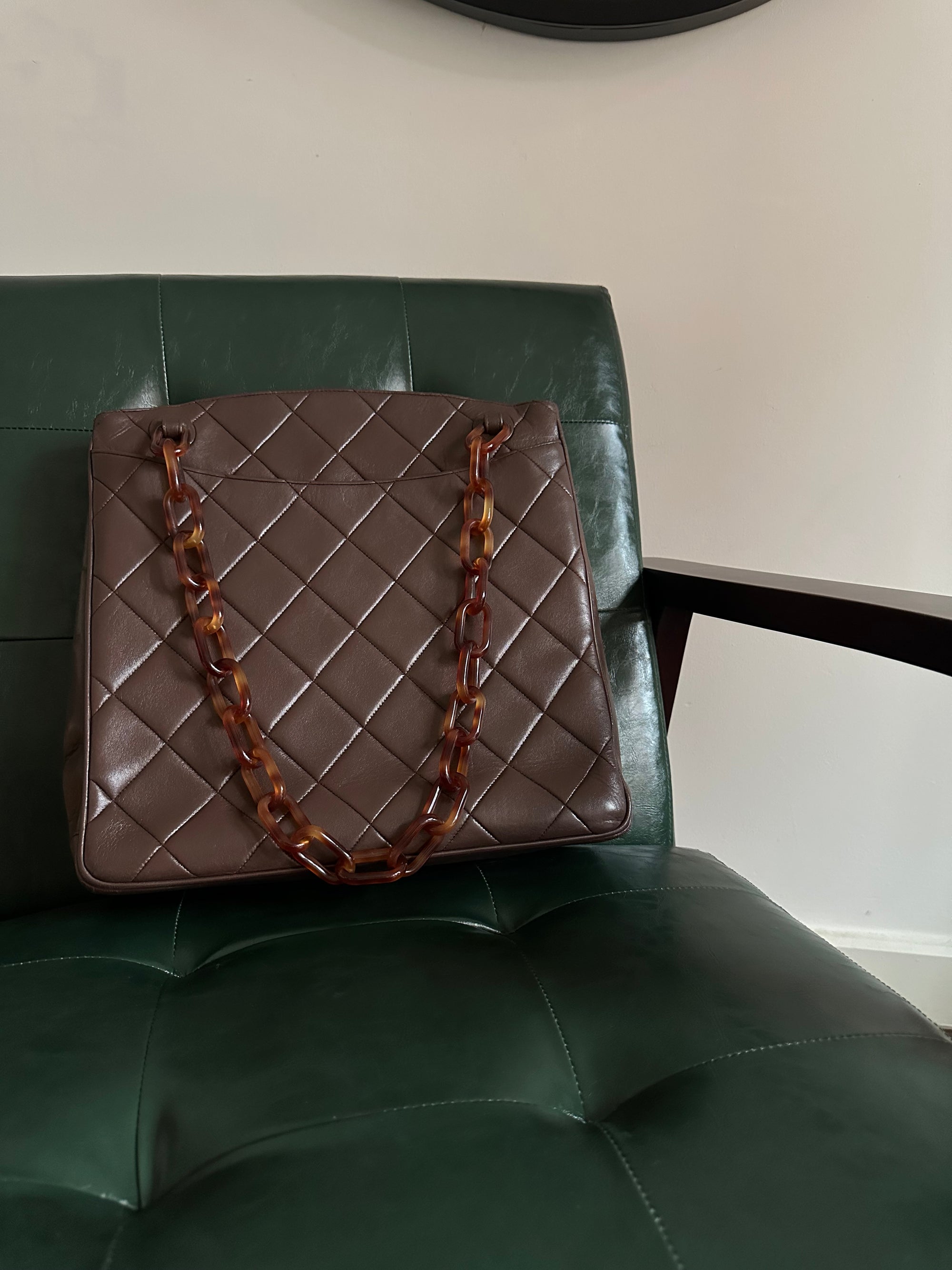 Chanel Vintage Brown Lambskin Tortoiseshell Chain Tote Bag