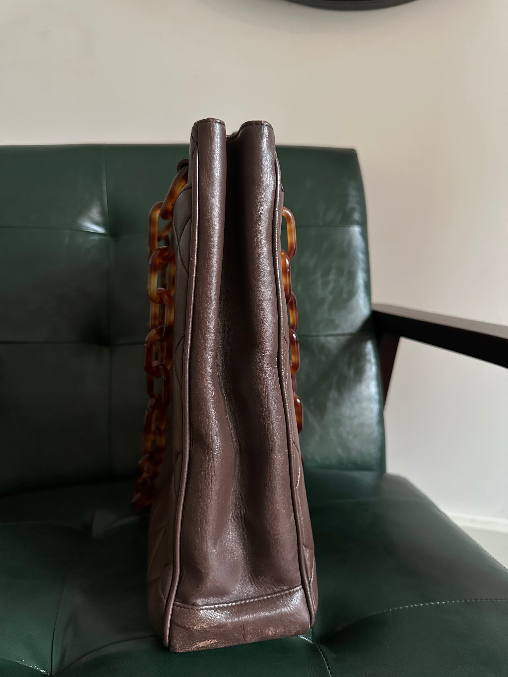 Chanel Vintage Brown Lambskin Tortoiseshell Chain Tote Bag