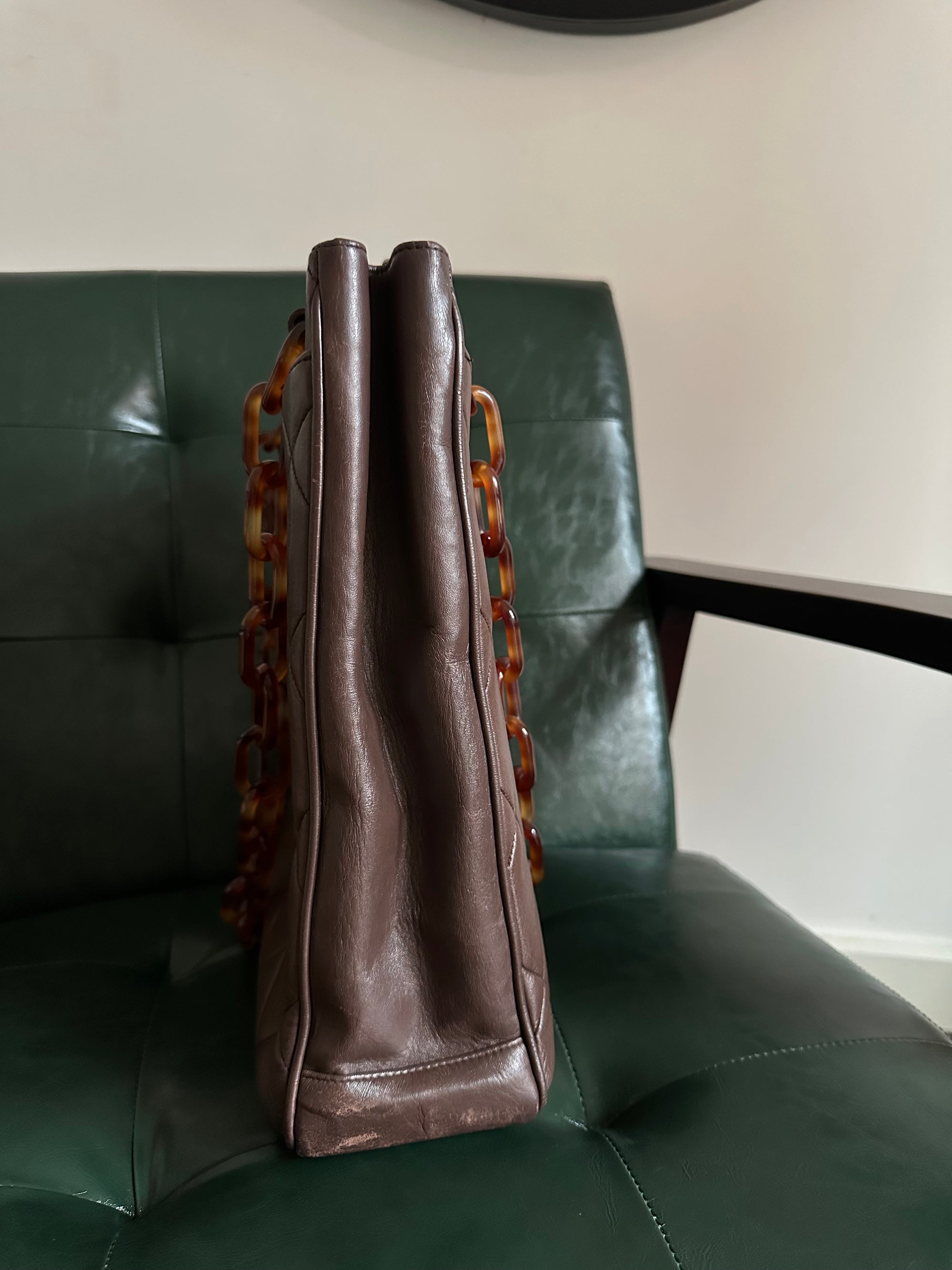 Chanel Vintage Brown Lambskin Tortoiseshell Chain Tote Bag