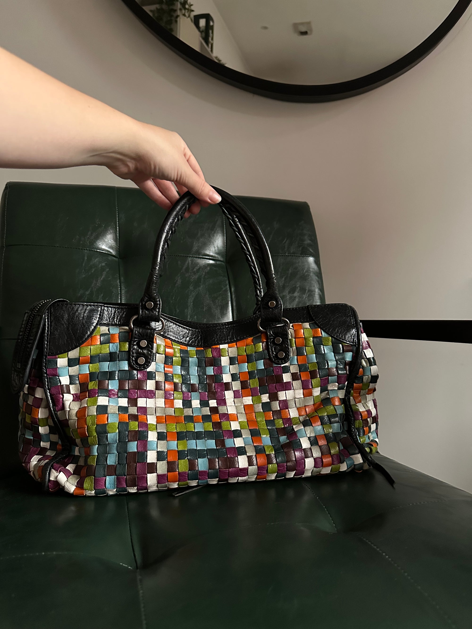 Rare Balenciaga Woven Multicolour City Bag - Medium