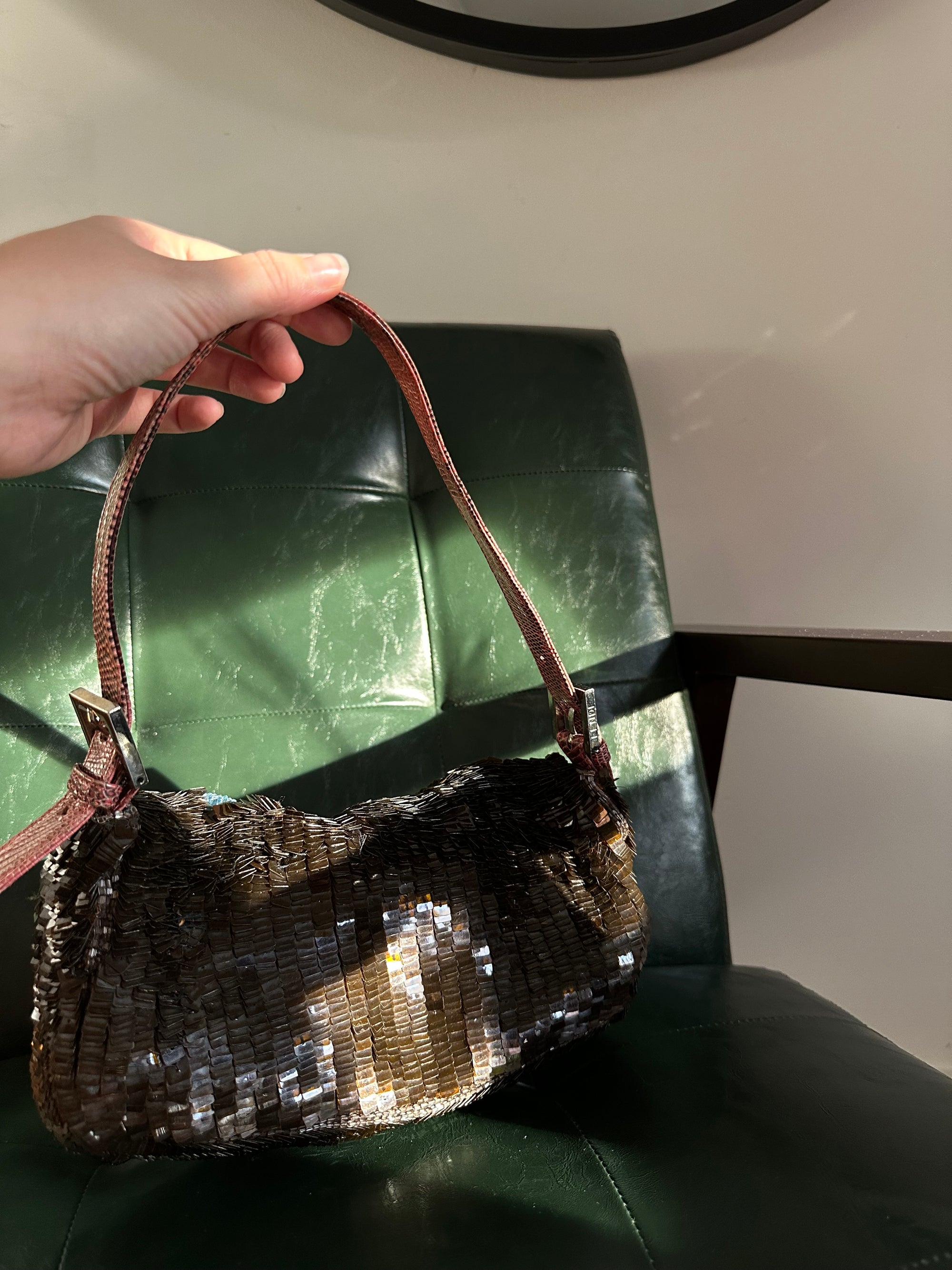 Rare! Fendi Vintage Brown Sequin Baguette With Exotic Lizard Trim