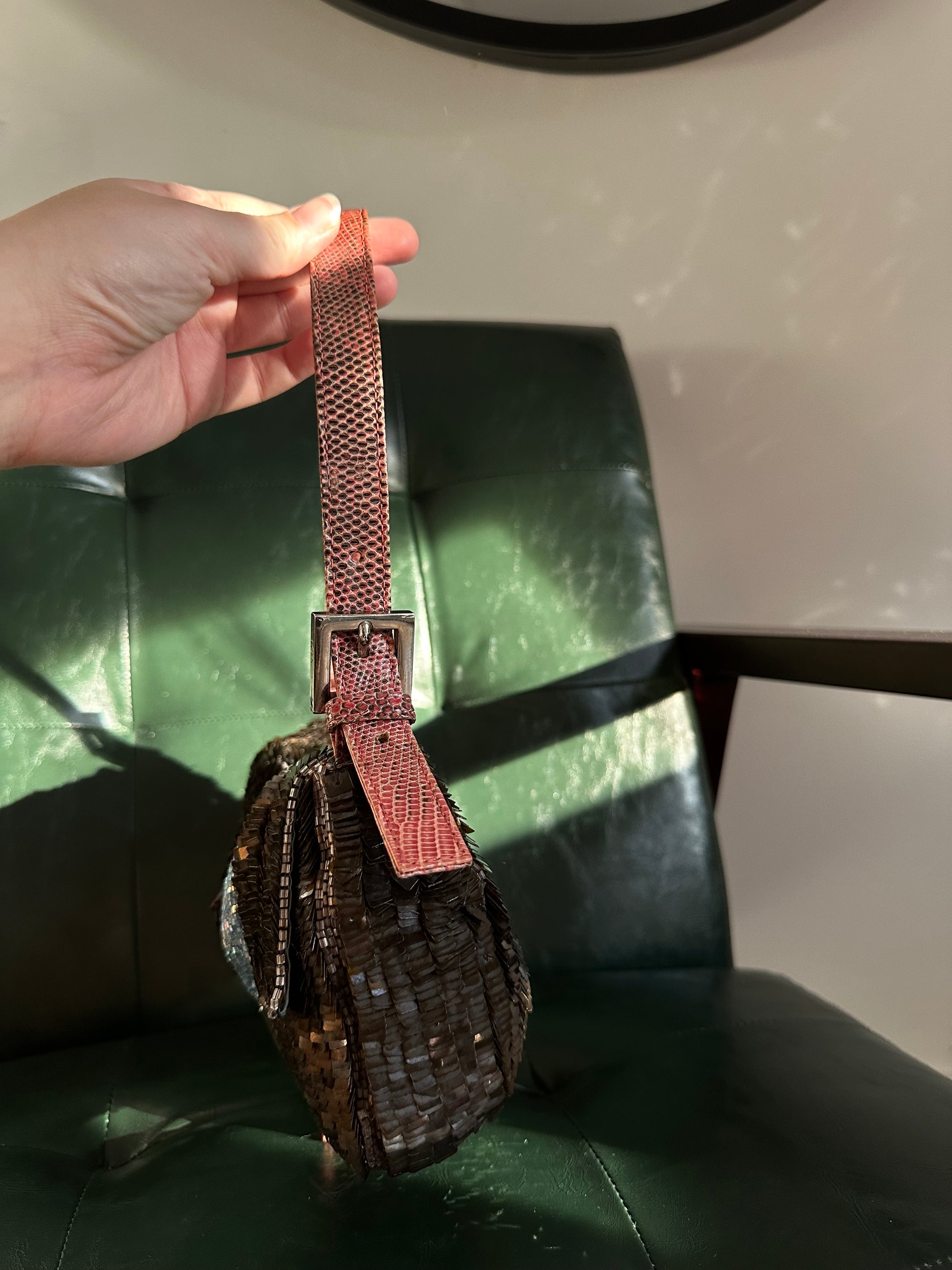 Rare! Fendi Vintage Brown Sequin Baguette With Exotic Lizard Trim