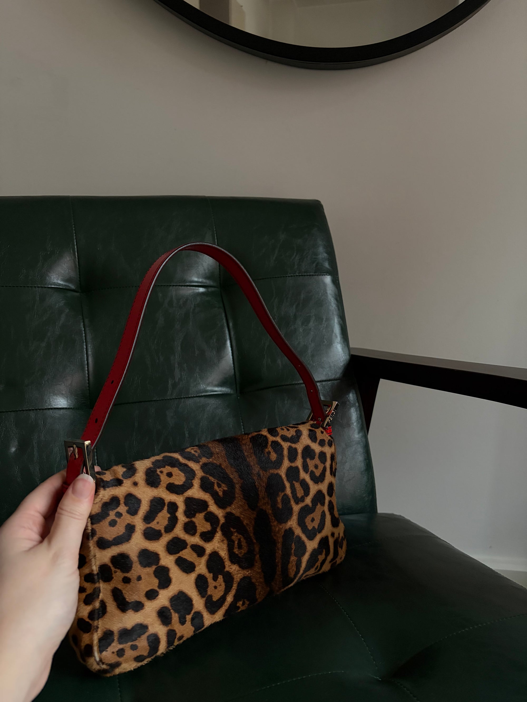 Rare! Vintage Fendi leopard print pony hair baguette bag with red leather trim