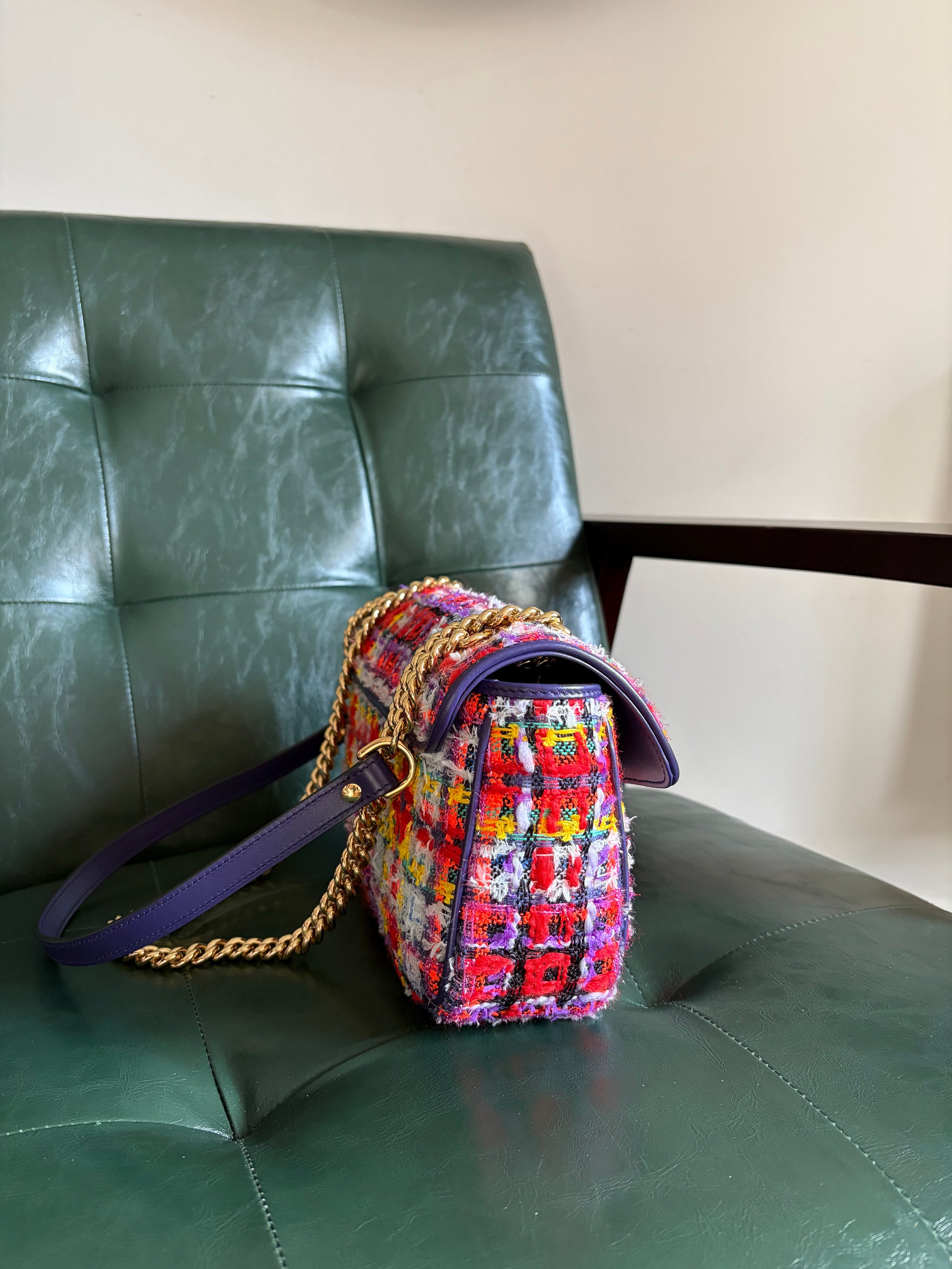 Gucci Marmont Small Multicoloured Tweed Mixed Metal Bag