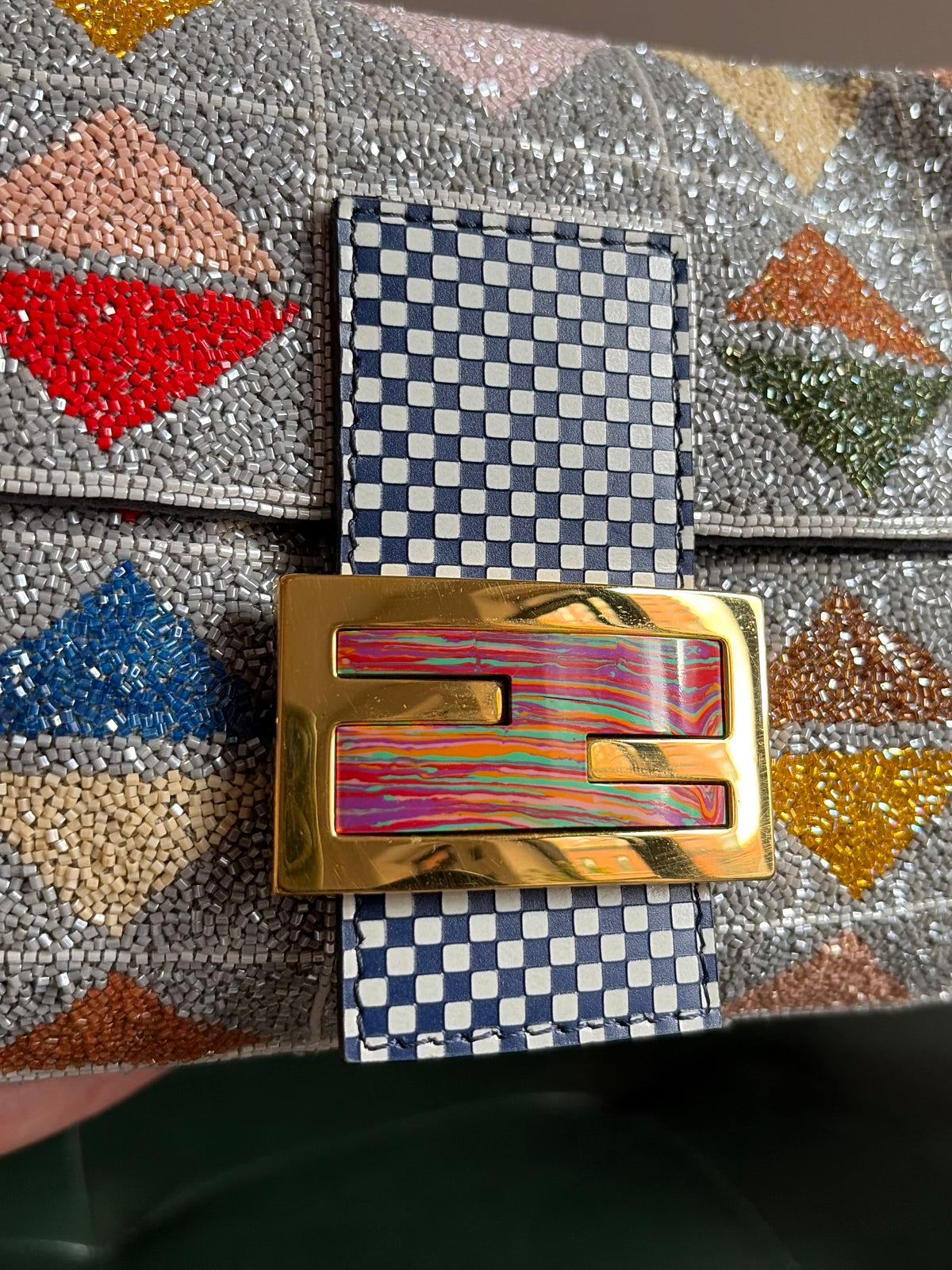 Ultra rare! Limited Edition vintage Fendi grey geometric multicoloured beaded baguette