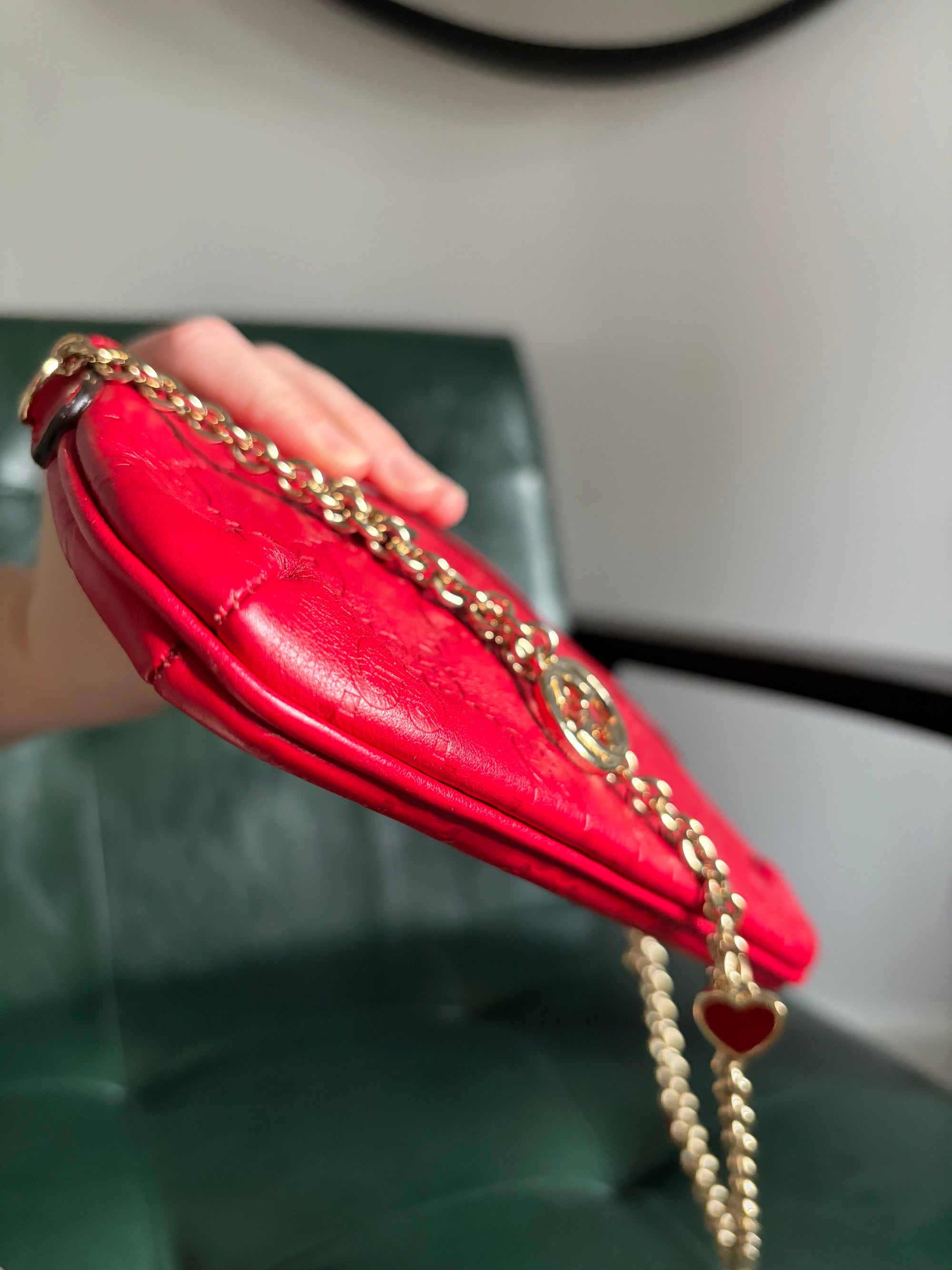 Gucci red vintage Guccisima heart chain pochette bag