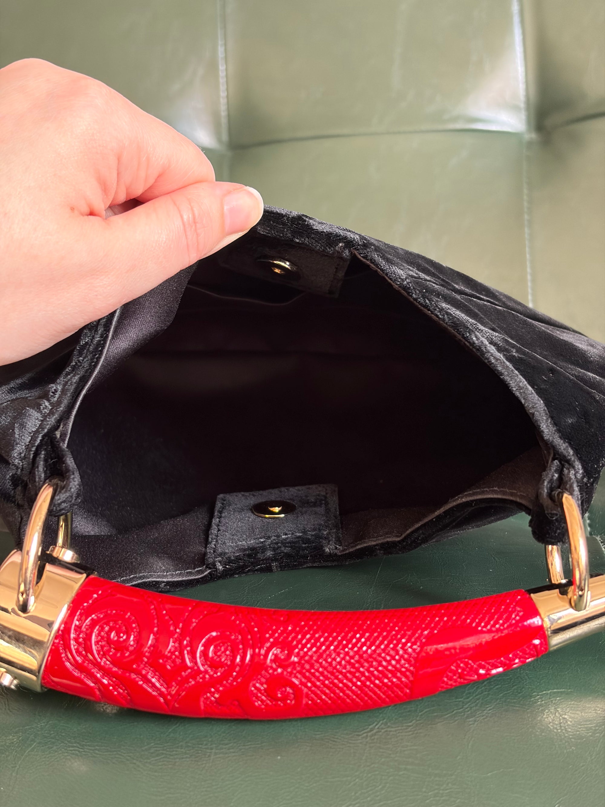 Rare! Vintage Yves Saint Laurent Black Velvet Mini Mombasa Red Resin Horn