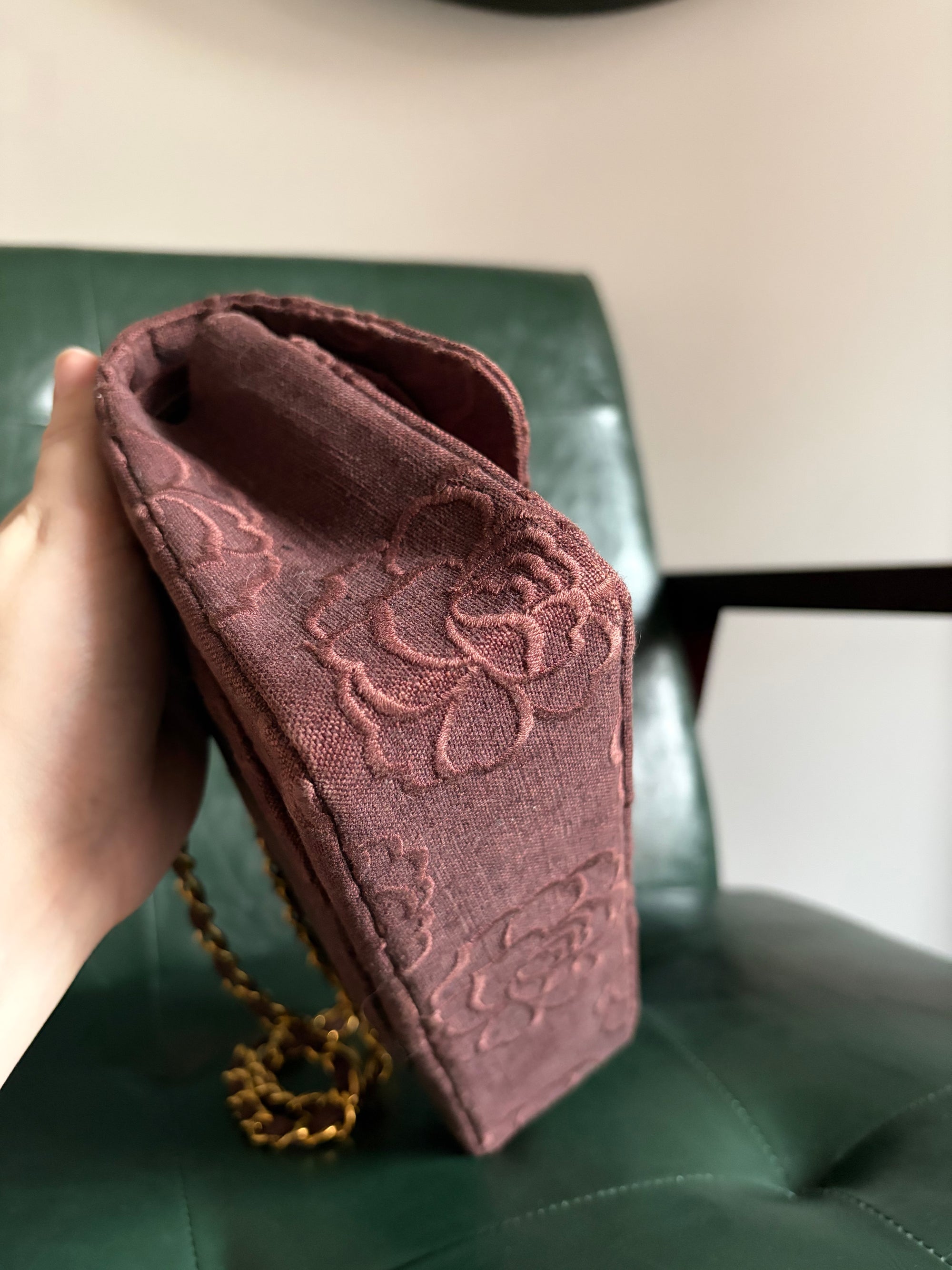 Ultra rare! Vintage Chanel Burgundy Linen Camellia Small Double Flap Bag