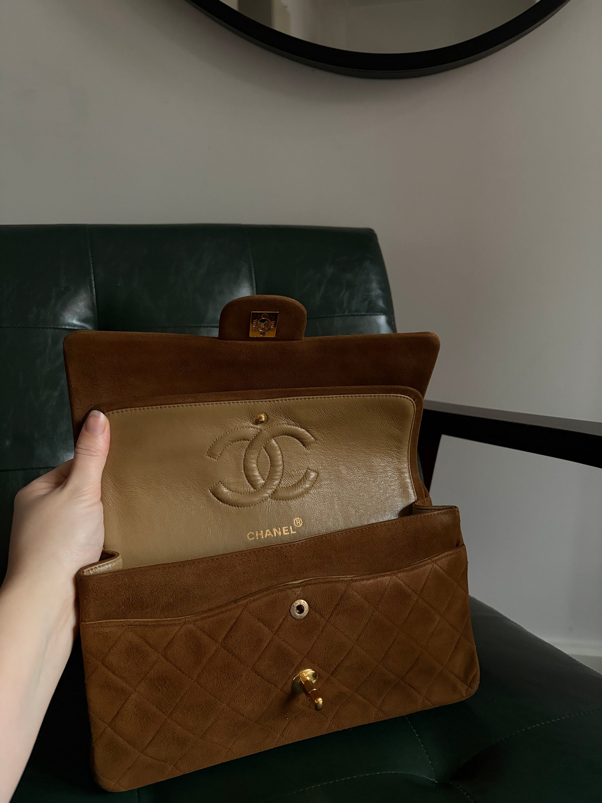 Chanel vintage caramel brown suede medium classic flap bag - 24ct gold