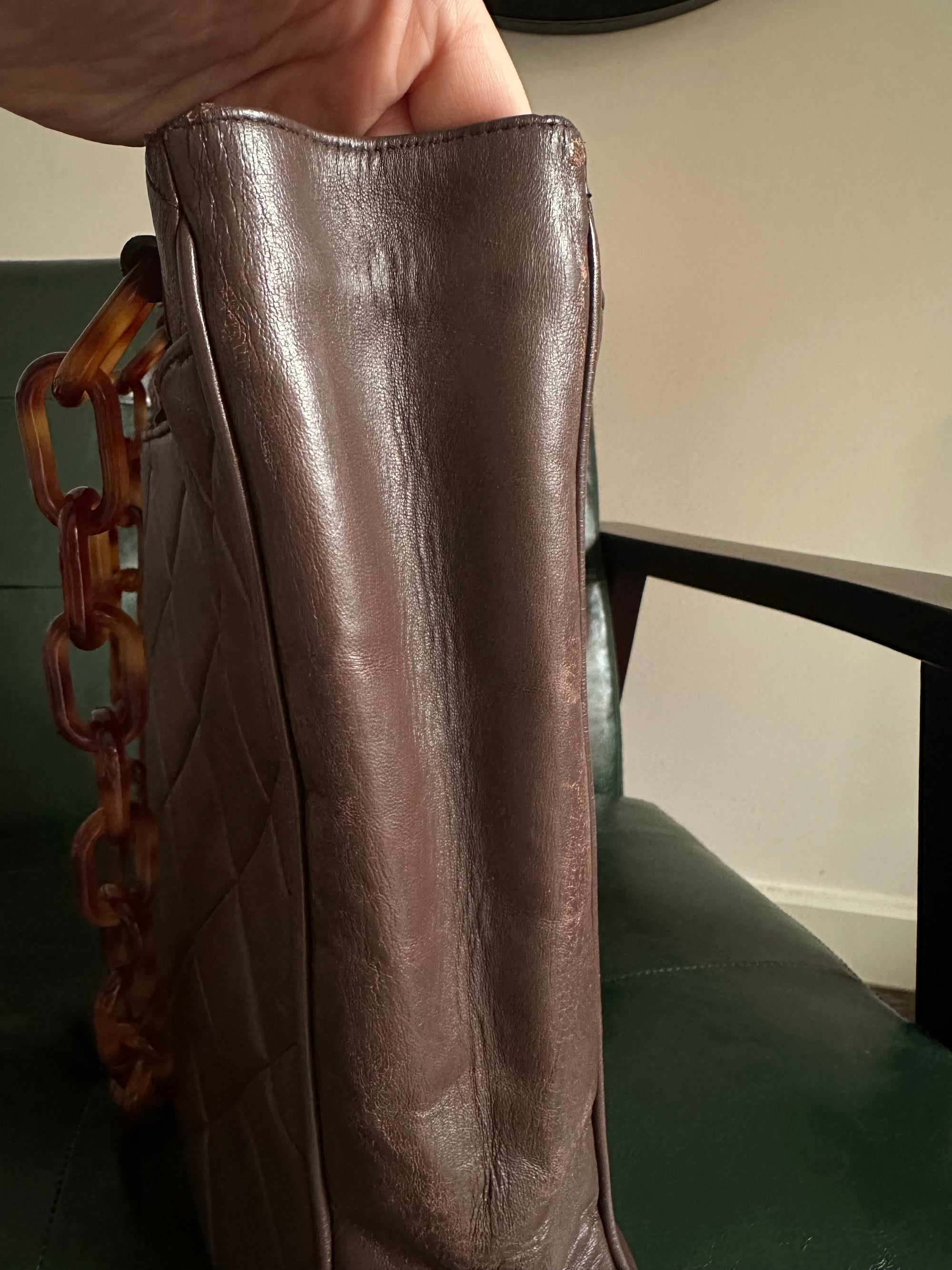 Chanel Vintage Brown Lambskin Tortoiseshell Chain Tote Bag