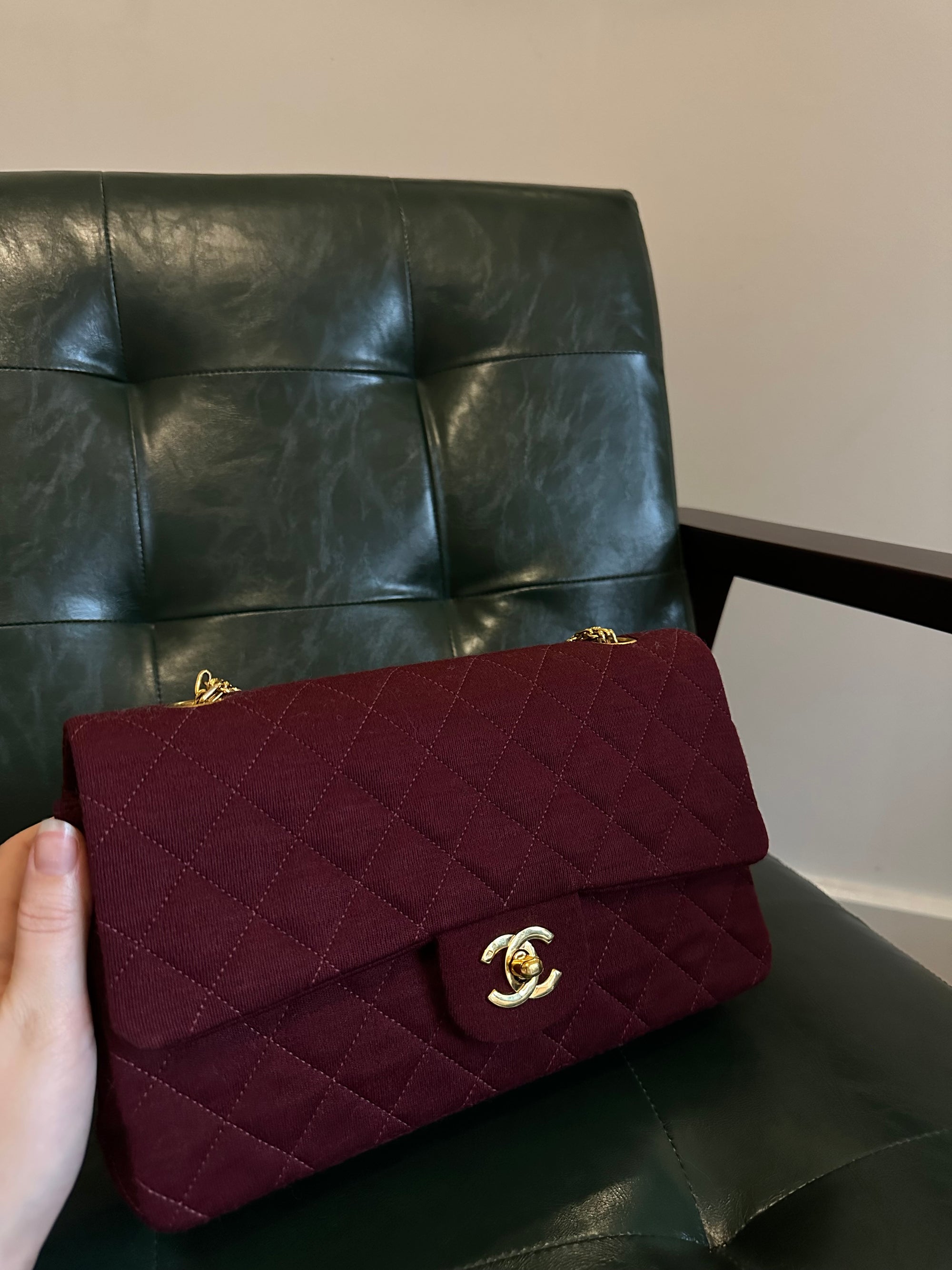 Rare! Chanel medium burgundy jersey double flap bag