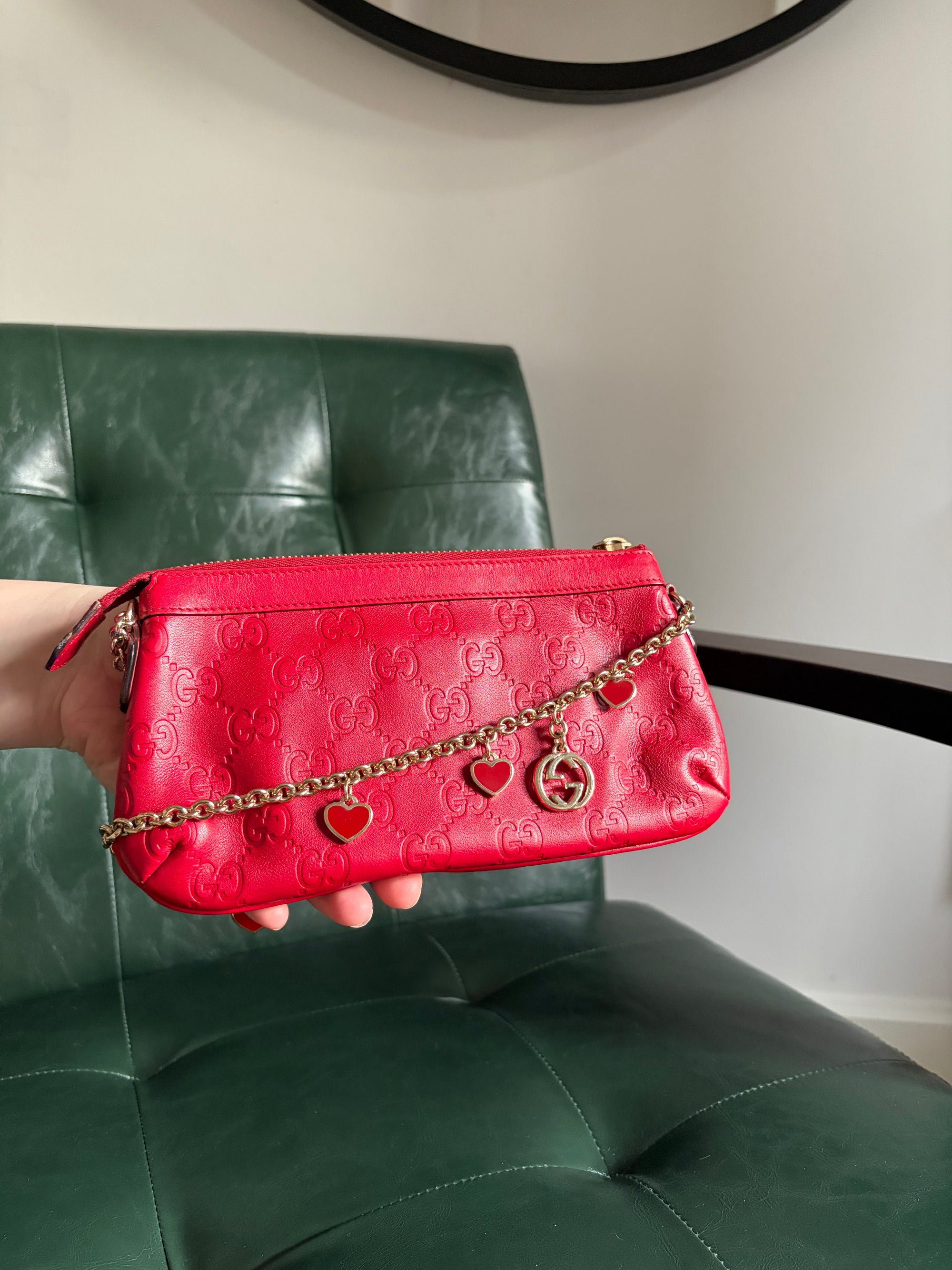 Gucci red vintage Guccisima heart chain pochette bag