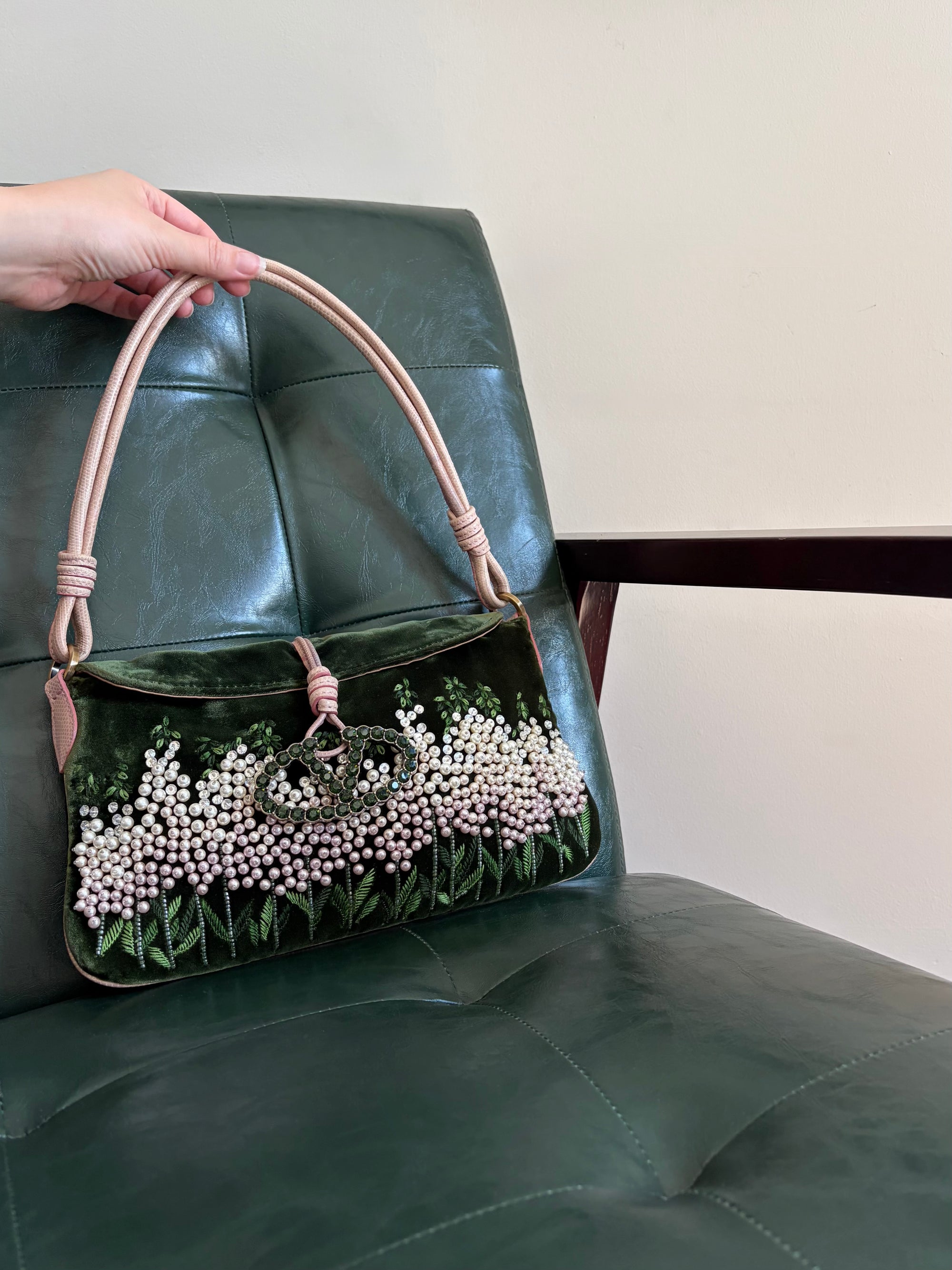 Valentino Garavani green velvet crystal embroidered shoulder bag