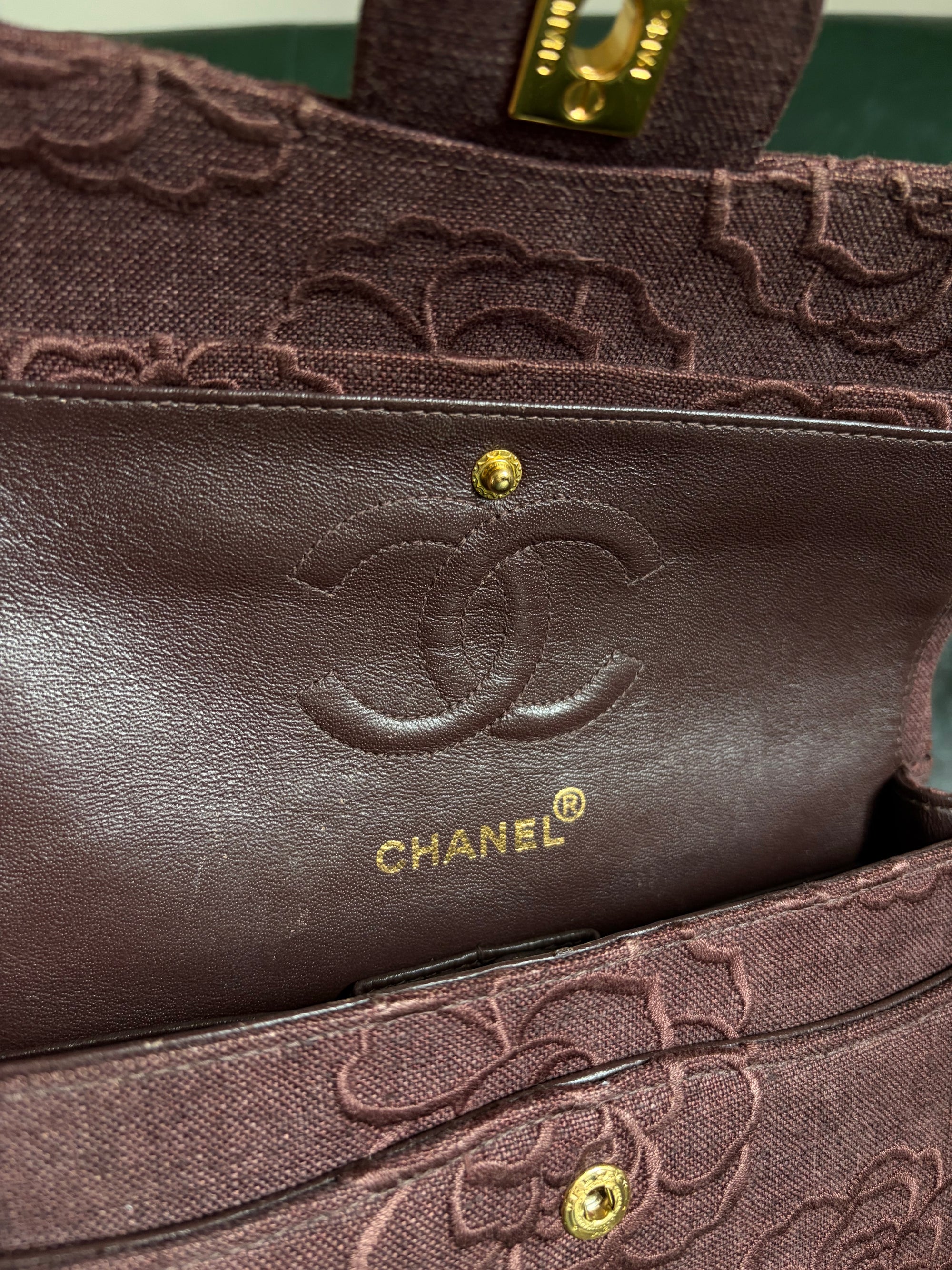 Ultra rare! Vintage Chanel Burgundy Linen Camellia Small Double Flap Bag