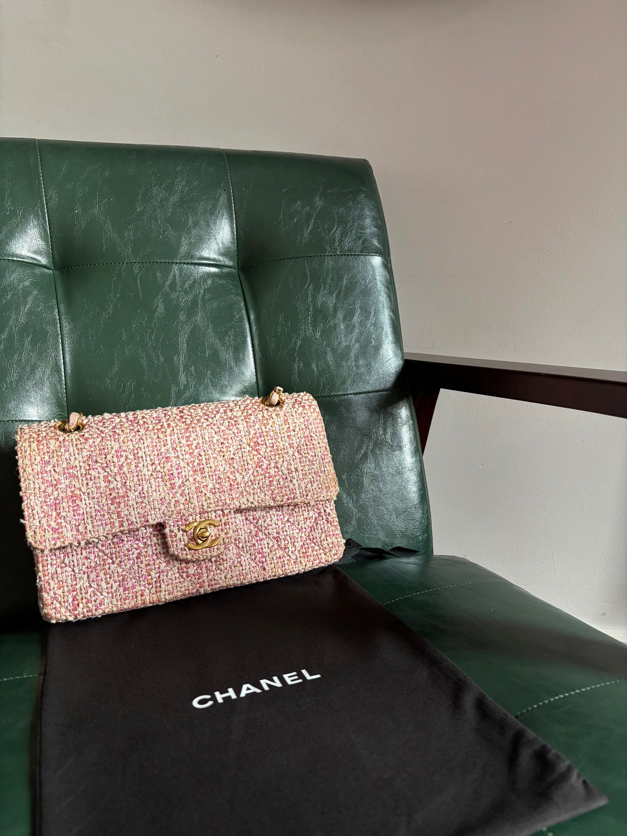 Chanel Vintage Pink and White Tweed Medium Classic Flap with 24ct Gold Hardware