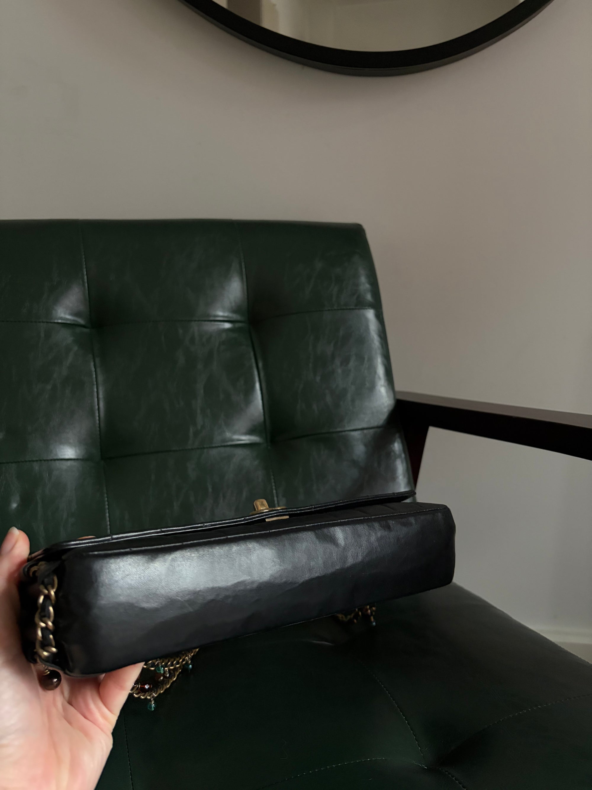 Rare! Chanel black lambskin chocolate bar east west bag with embellished chain