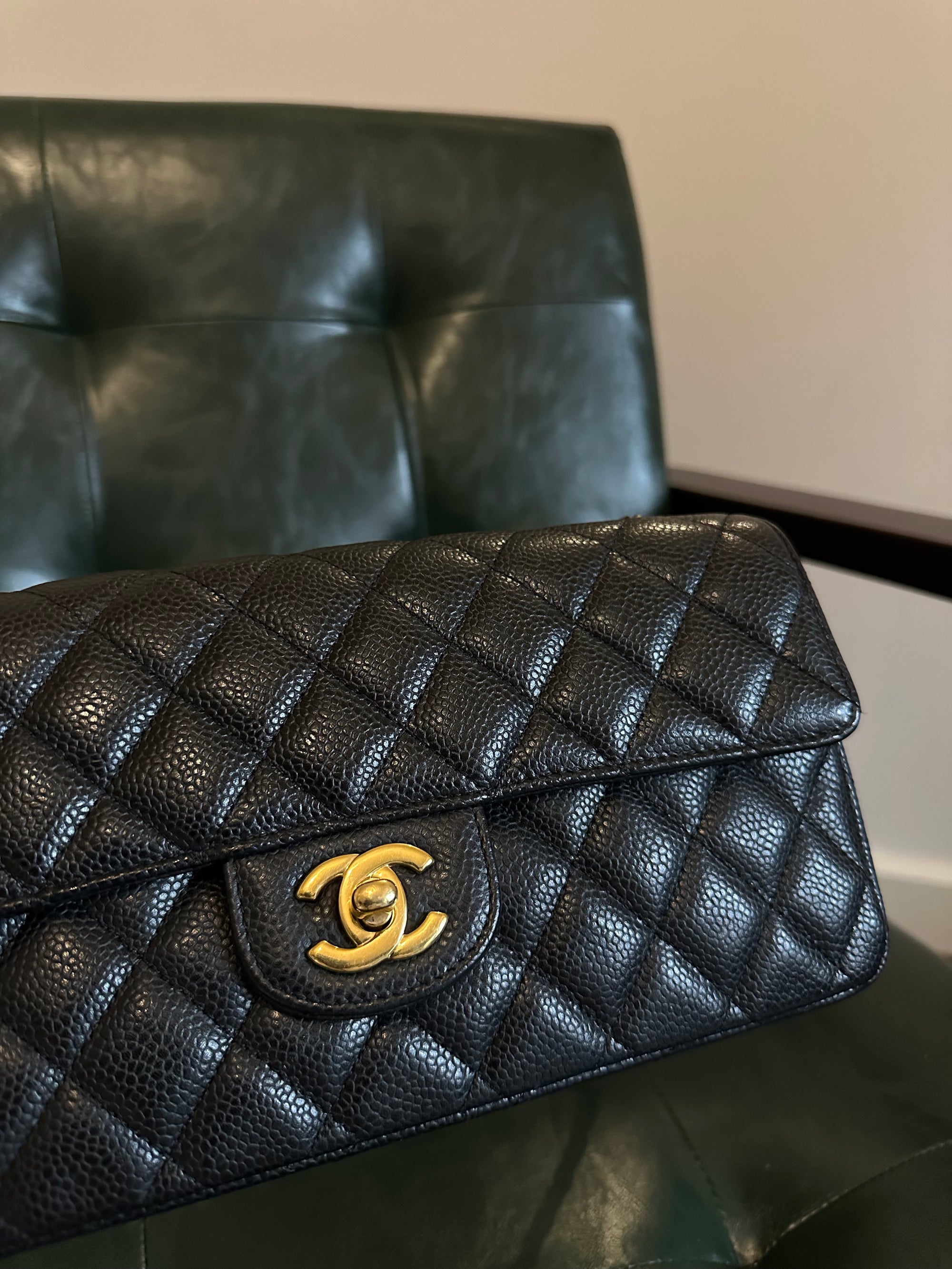 Chanel black caviar leather East West shoulder bag