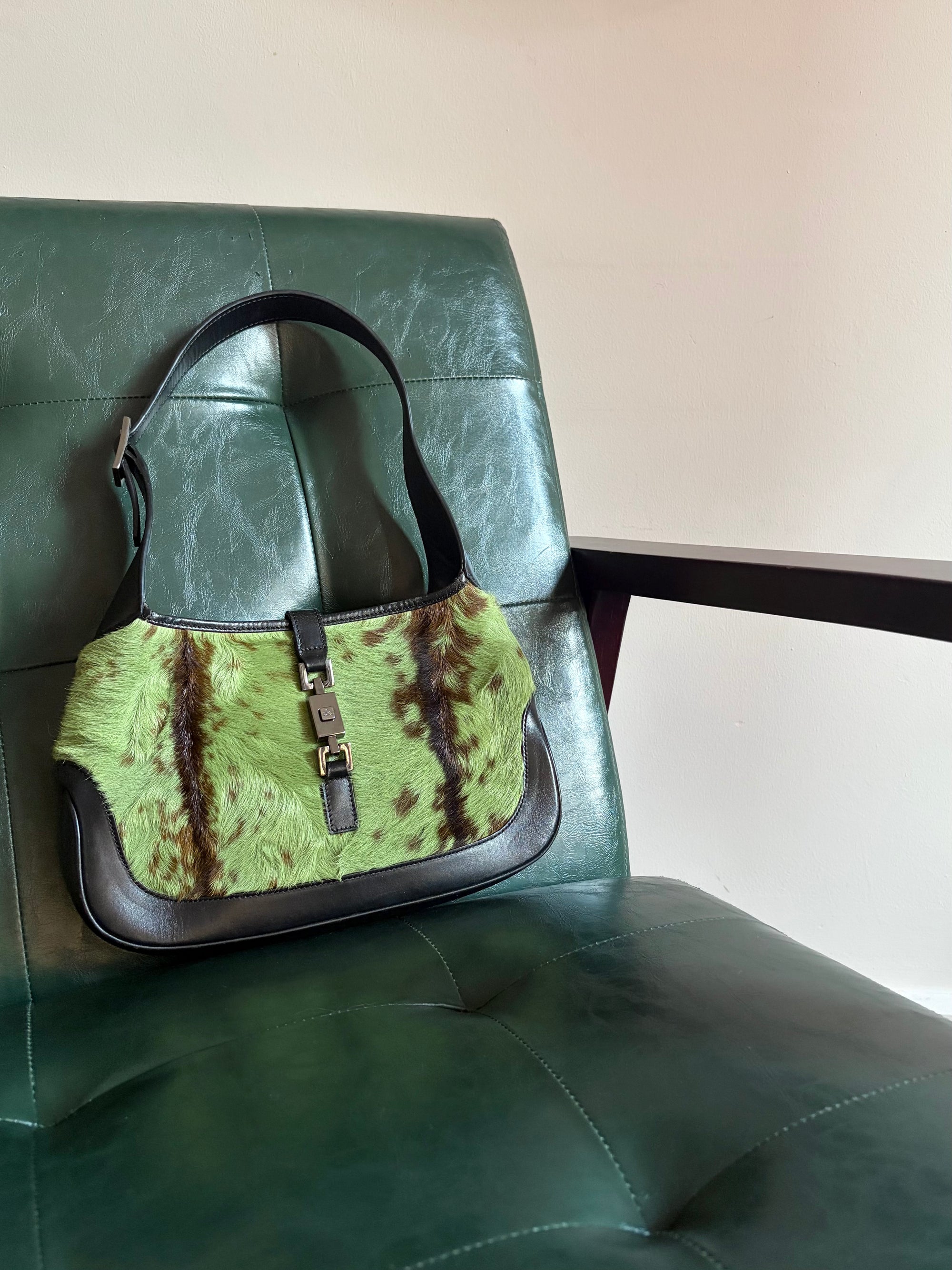 Vintage Gucci Jackie Shoulder Bag in Green and Brown Goat Hair