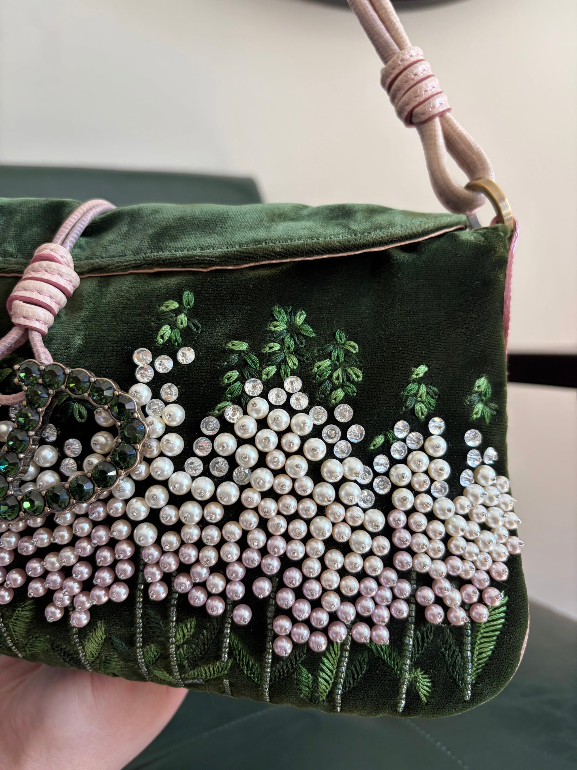 Valentino Garavani green velvet crystal embroidered shoulder bag