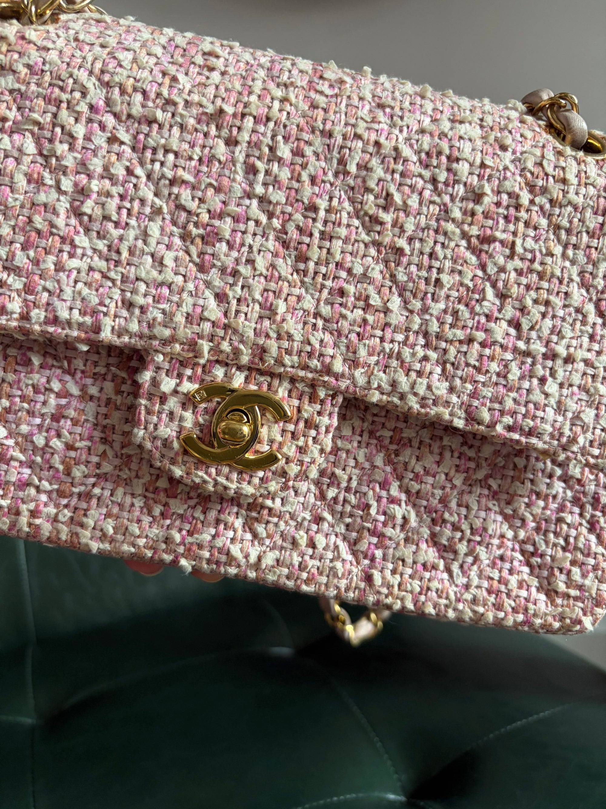 Chanel Vintage Pink and White Tweed Medium Classic Flap with 24ct Gold Hardware
