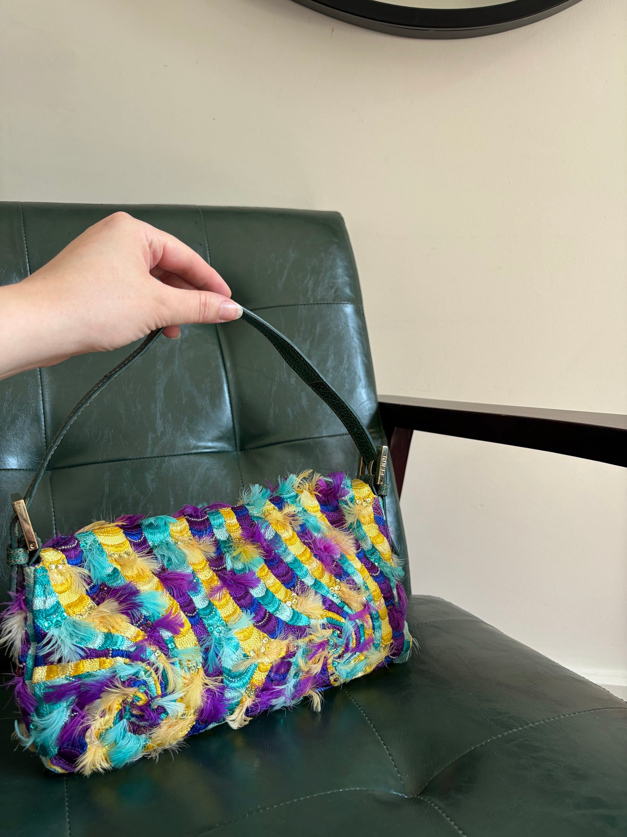Ultra rare! Fendi ‘Willy Wonka’ embroidered fabric swirl and feather baguette bag