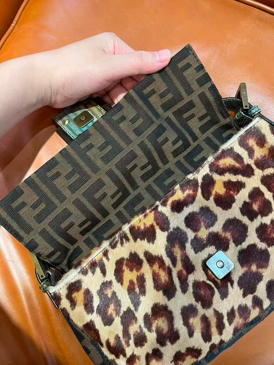Fendi leopard pony hair lizard trim baguette