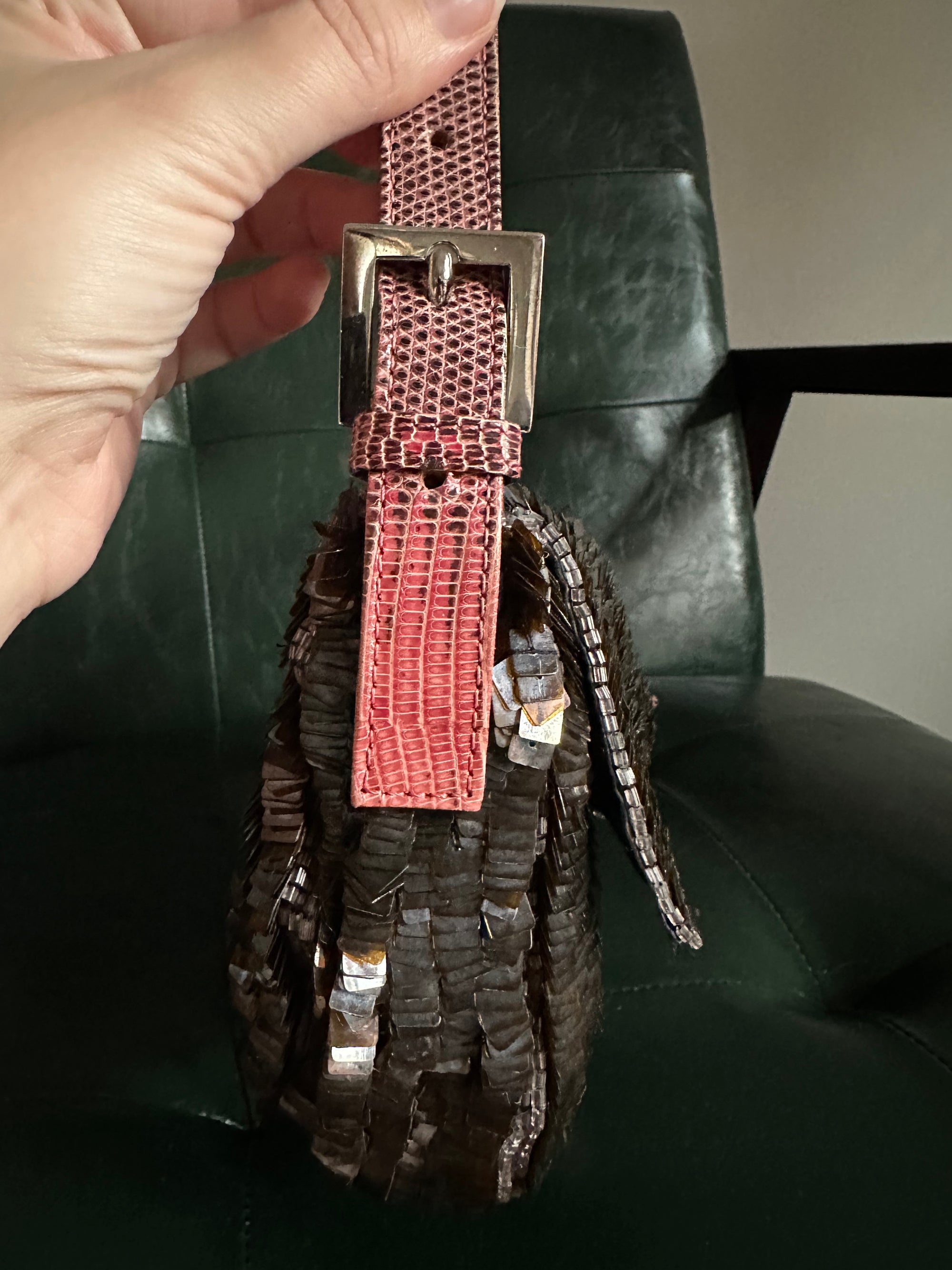 Rare! Fendi Vintage Brown Sequin Baguette With Exotic Lizard Trim