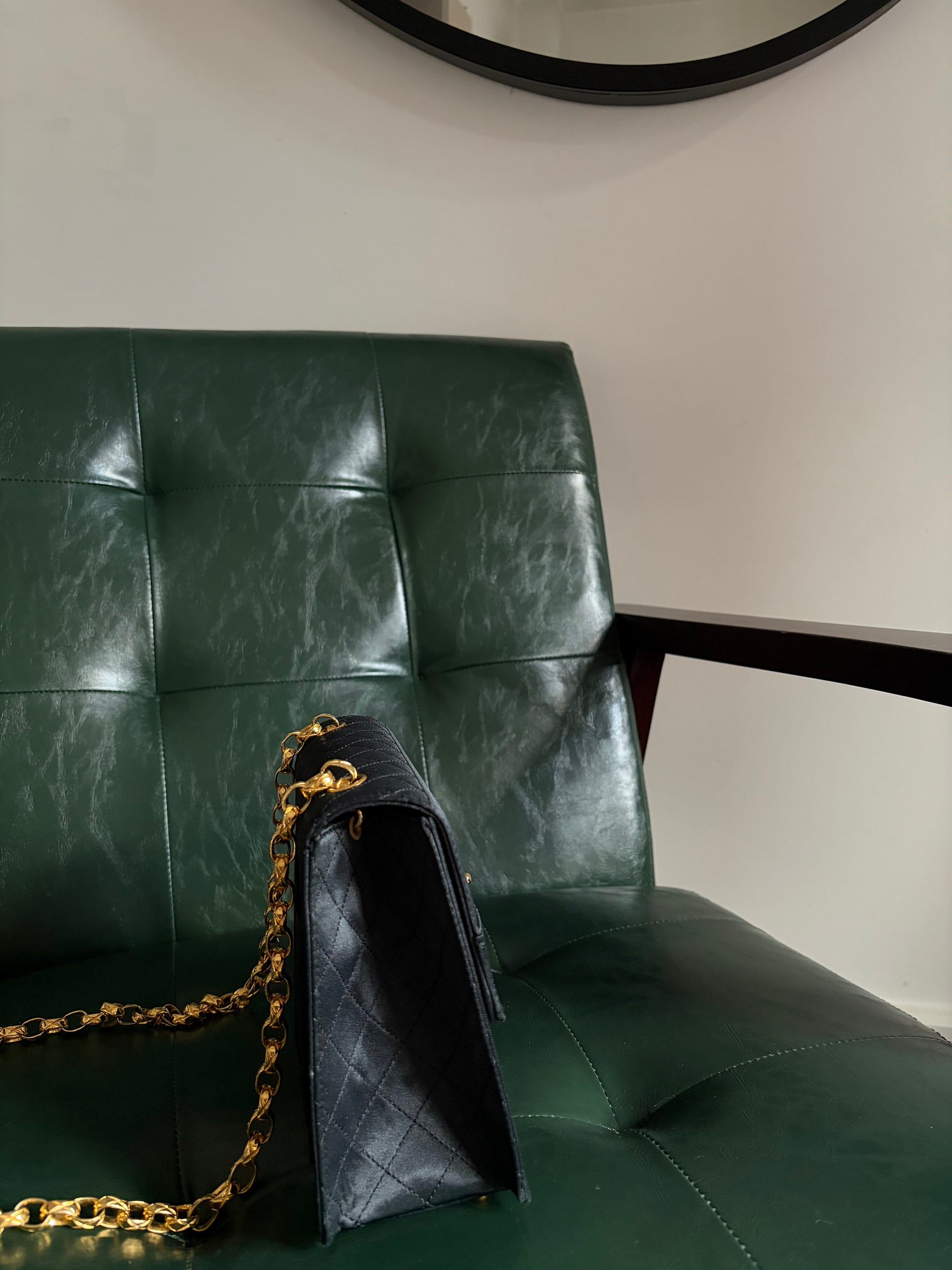 Rare! Chanel trapezoid black satin bag with 24ct gold bijoux chain