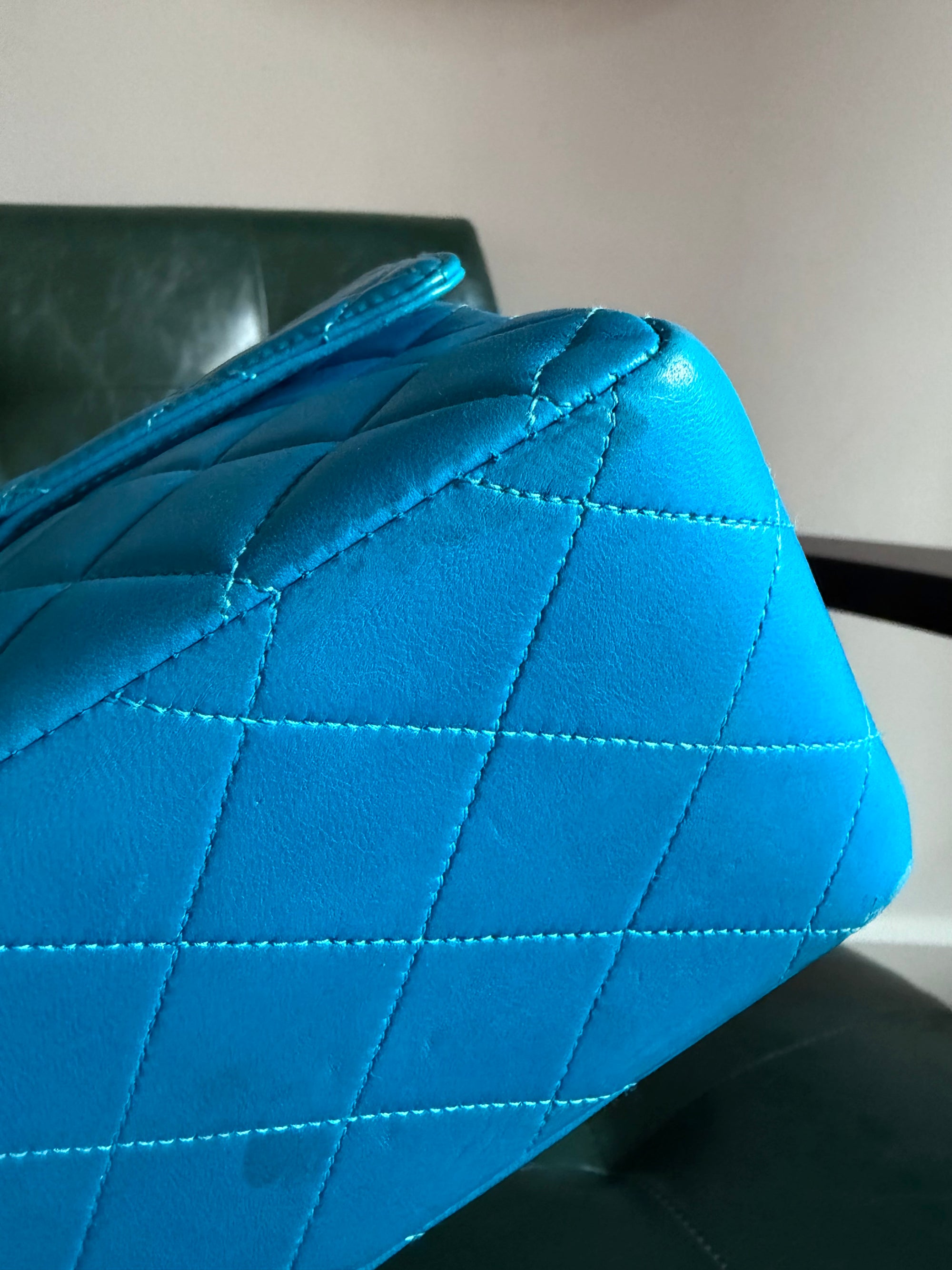 Rare! Vintage Chanel cerulean blue lambskin double sided flap bag with 24ct gold plated hardware