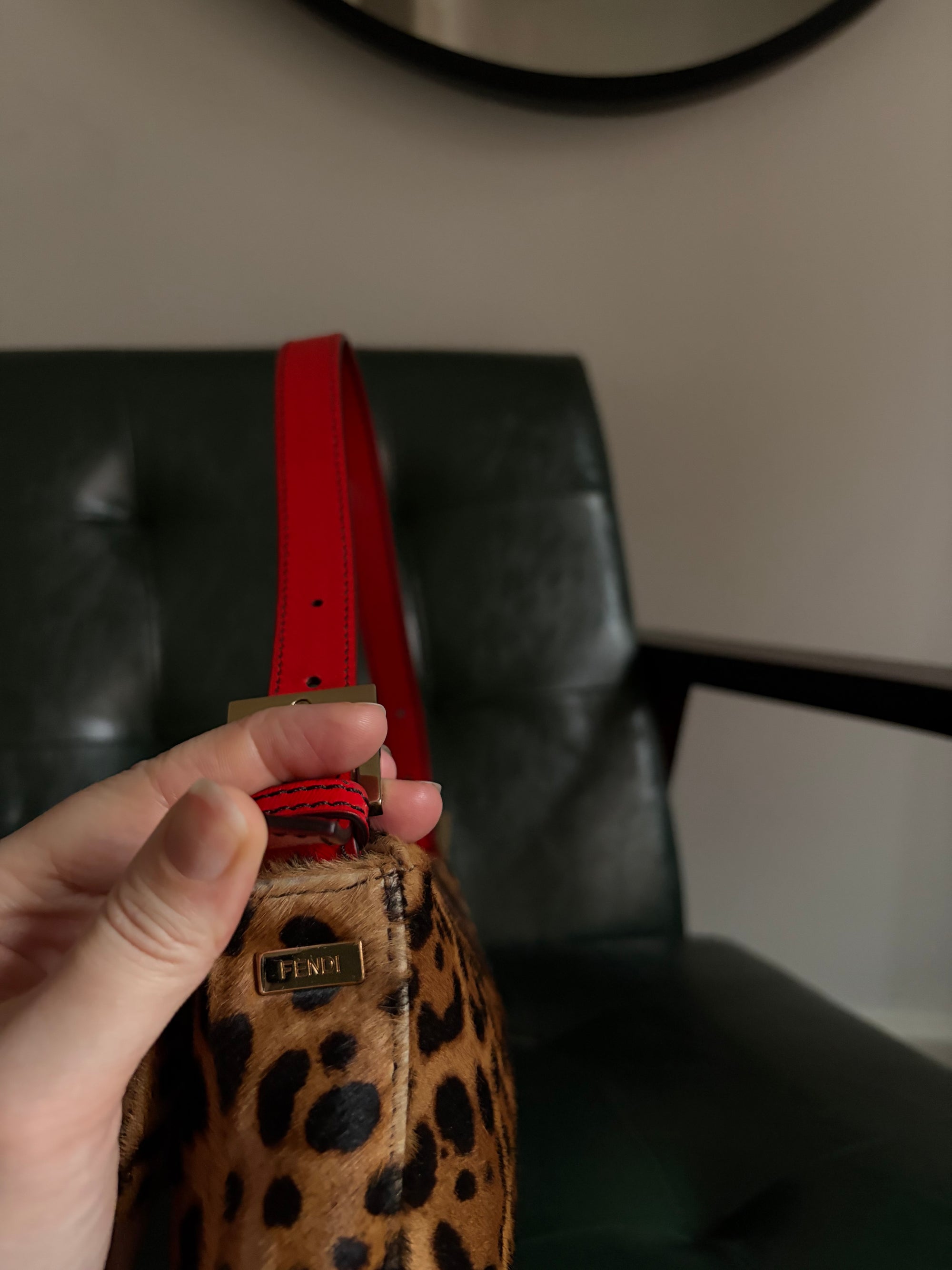 Rare! Vintage Fendi leopard print pony hair baguette bag with red leather trim