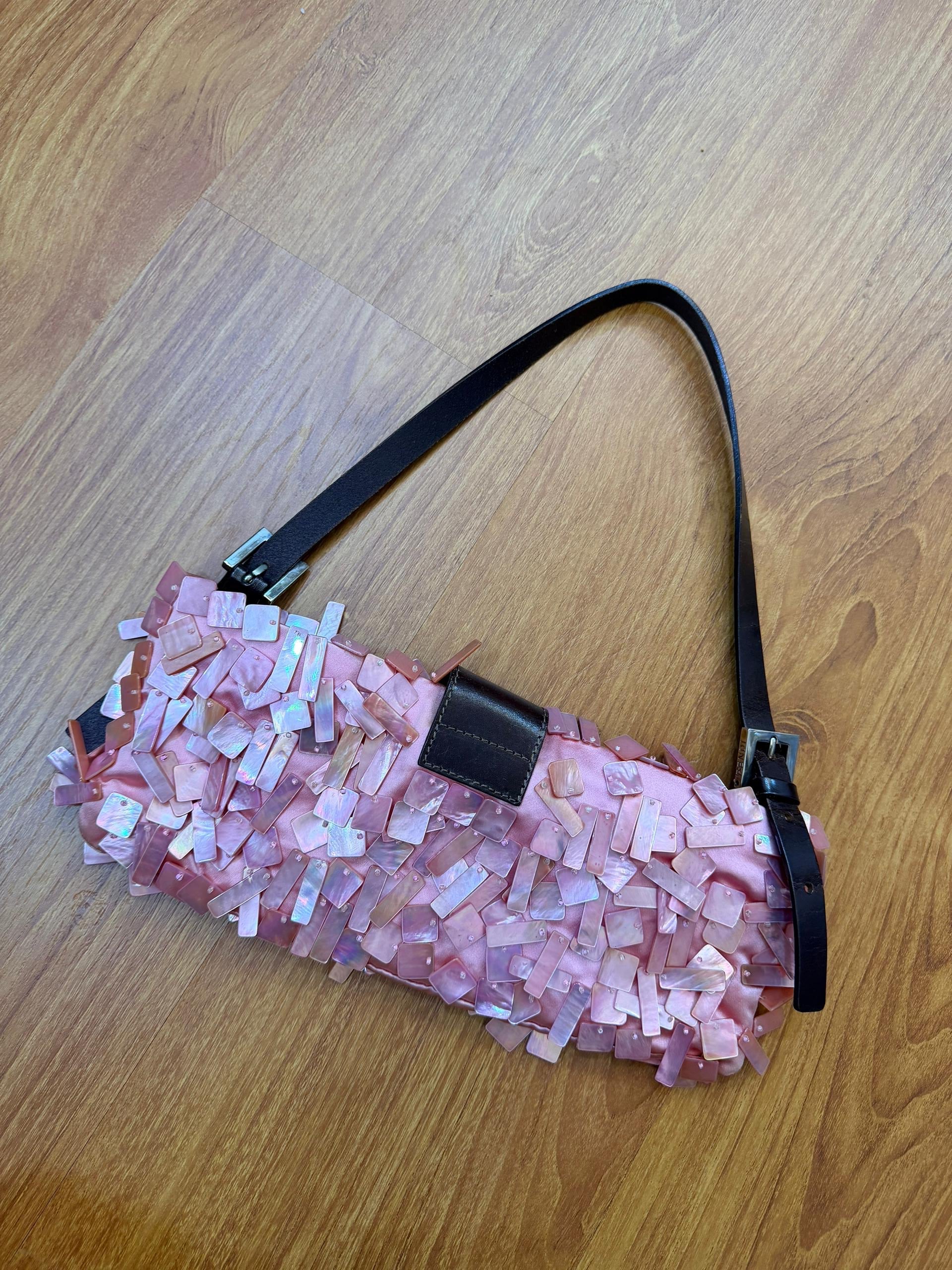 Ultra rare! Fendi pink mother of pearl satin baguette