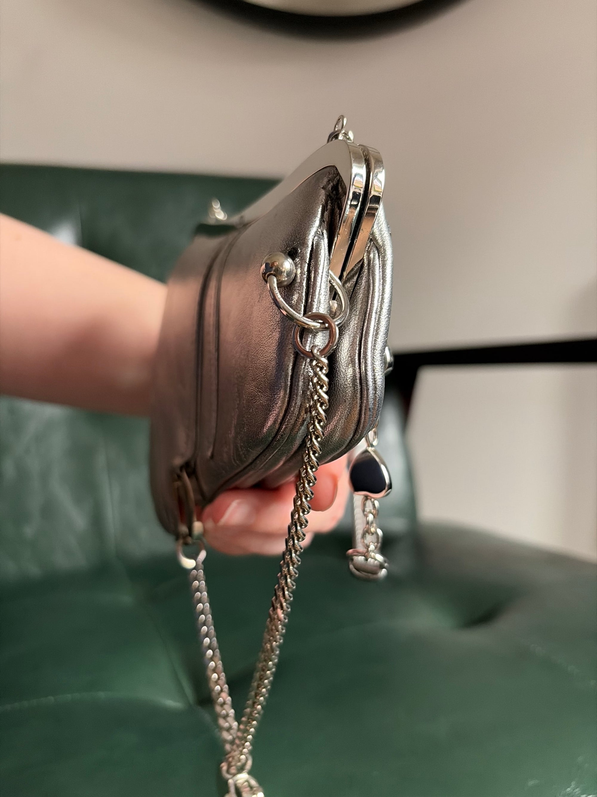 Ultra rare! Dior Silver Vintage Heart Chain Mini Saddle Bag