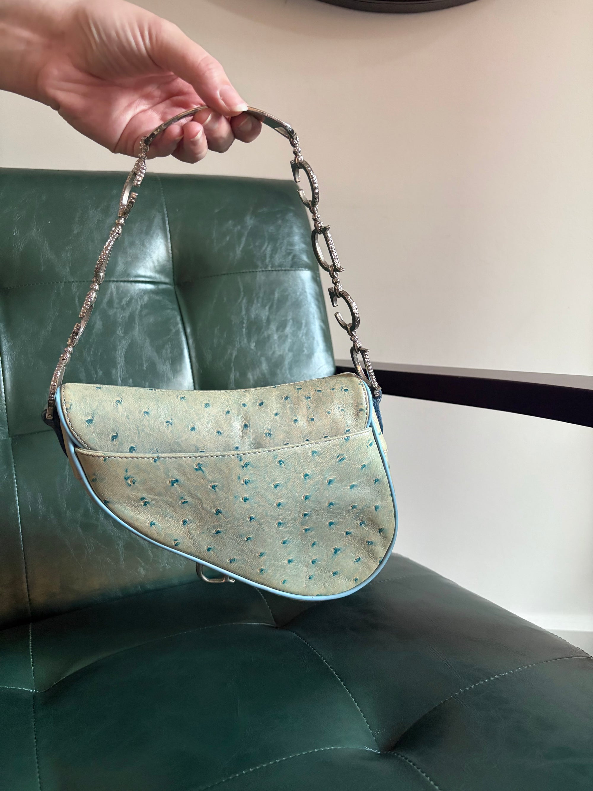 Rare! Vintage Dior blue ostrich embossed leather mini saddle bag with rhinestone strap