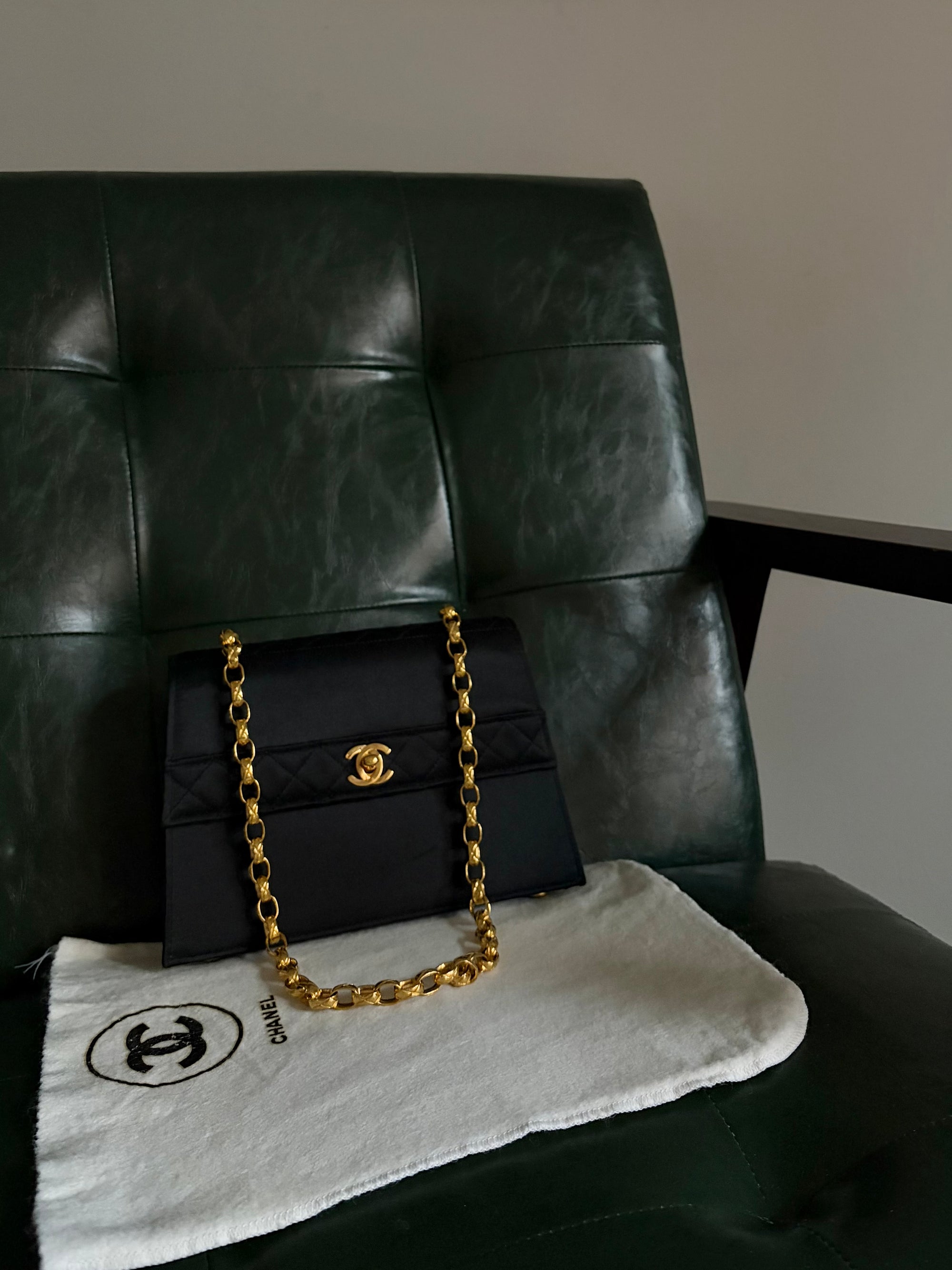Rare! Chanel trapezoid black satin bag with 24ct gold bijoux chain
