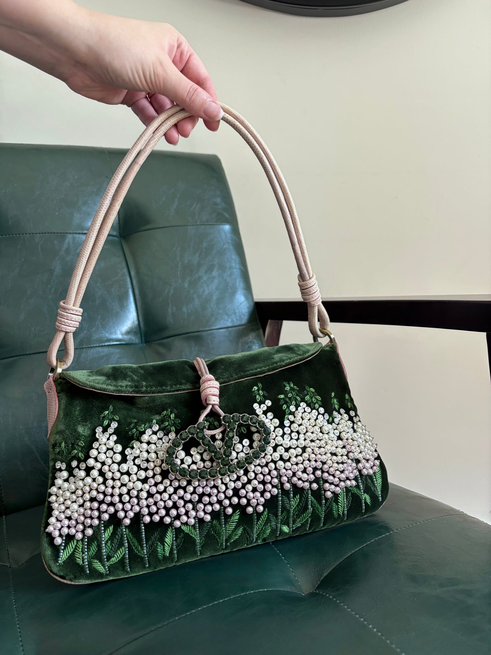 Valentino Garavani green velvet crystal embroidered shoulder bag