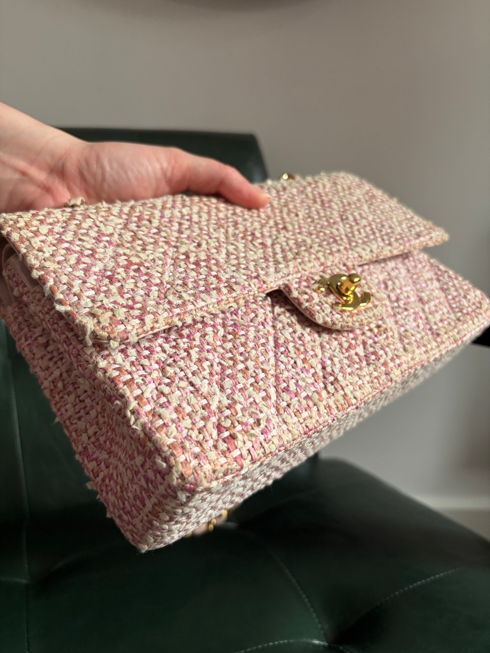 Chanel Vintage Pink and White Tweed Medium Classic Flap with 24ct Gold Hardware