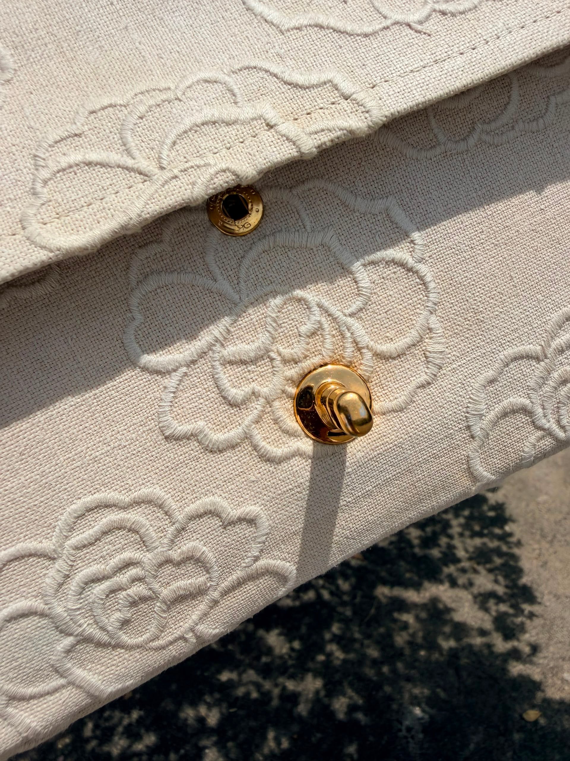 Rare! Vintage Chanel Cream Linen Camellia Medium Double Flap Bag