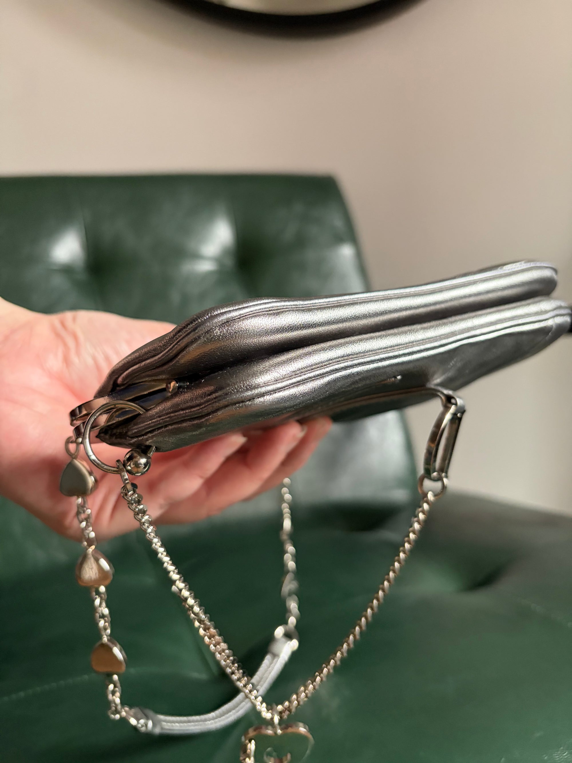 Ultra rare! Dior Silver Vintage Heart Chain Mini Saddle Bag
