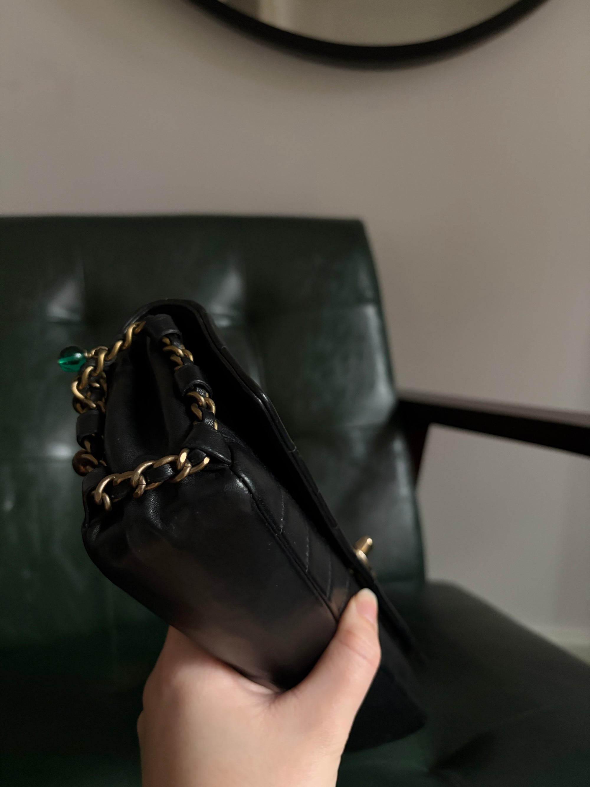 Rare! Chanel black lambskin chocolate bar east west bag with embellished chain