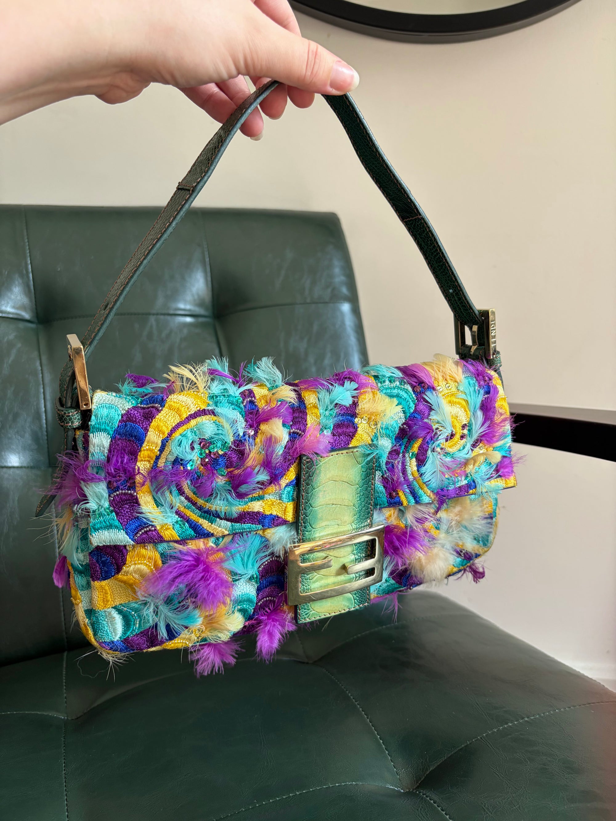 Ultra rare! Fendi ‘Willy Wonka’ embroidered fabric swirl and feather baguette bag