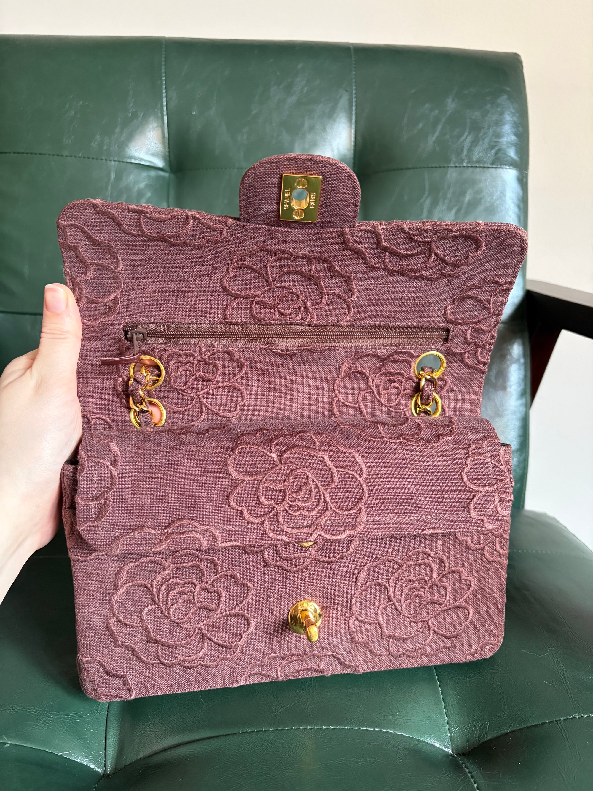 Ultra rare! Vintage Chanel Burgundy Linen Camellia Small Double Flap Bag