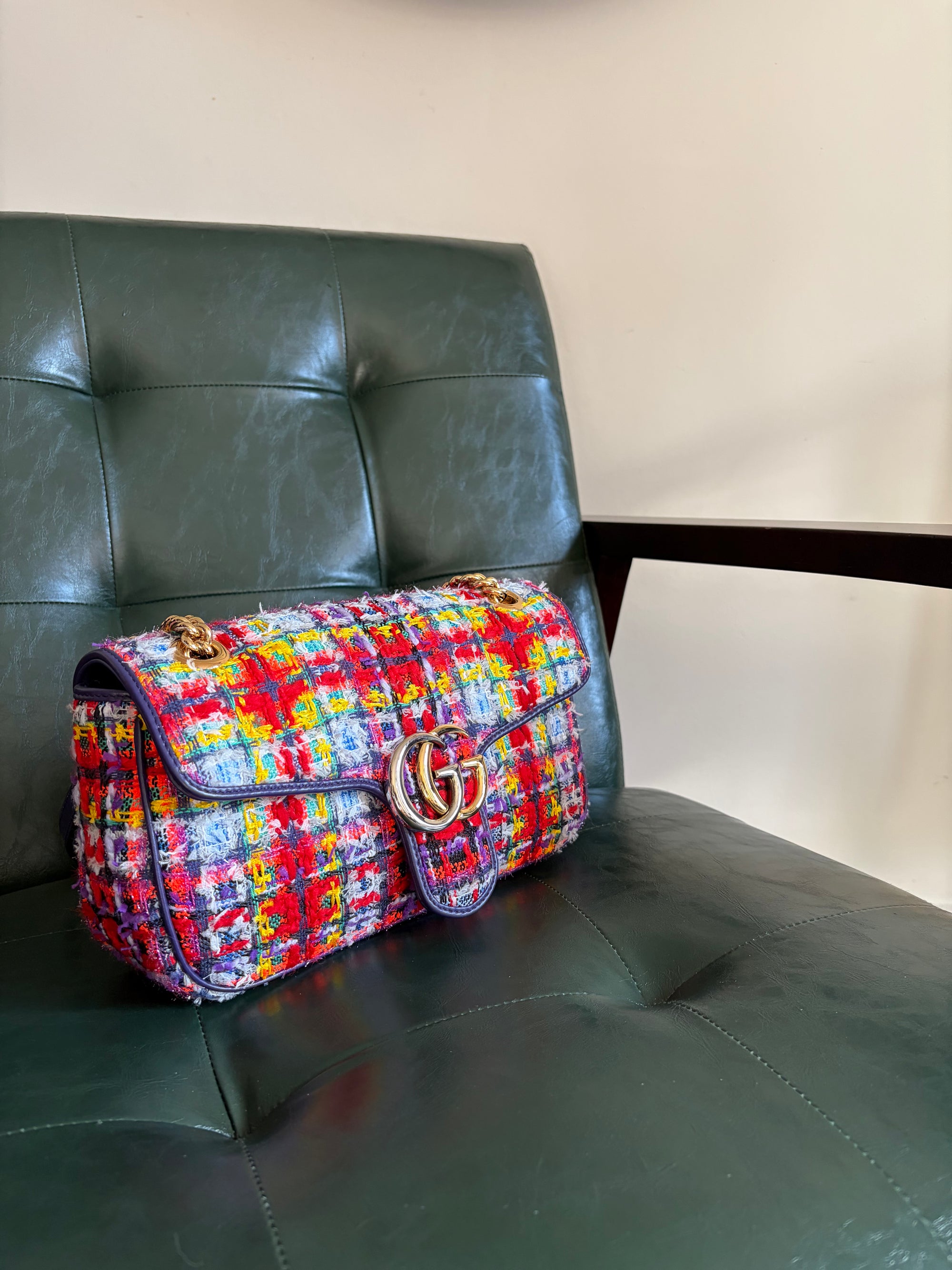 Gucci Marmont Small Multicoloured Tweed Mixed Metal Bag