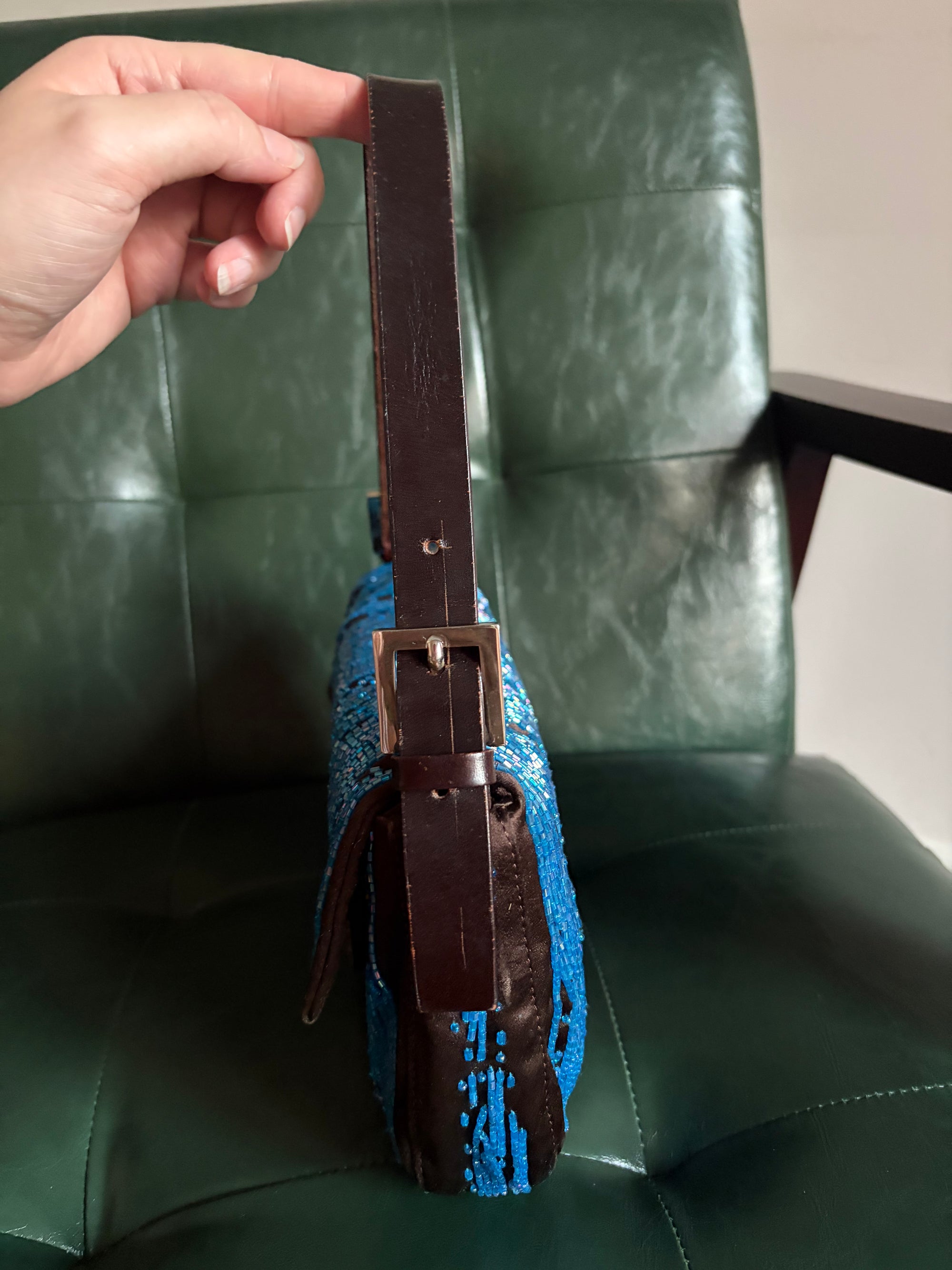 Fendi Dark Brown Satin and Blue Iridescent Beaded Baguette