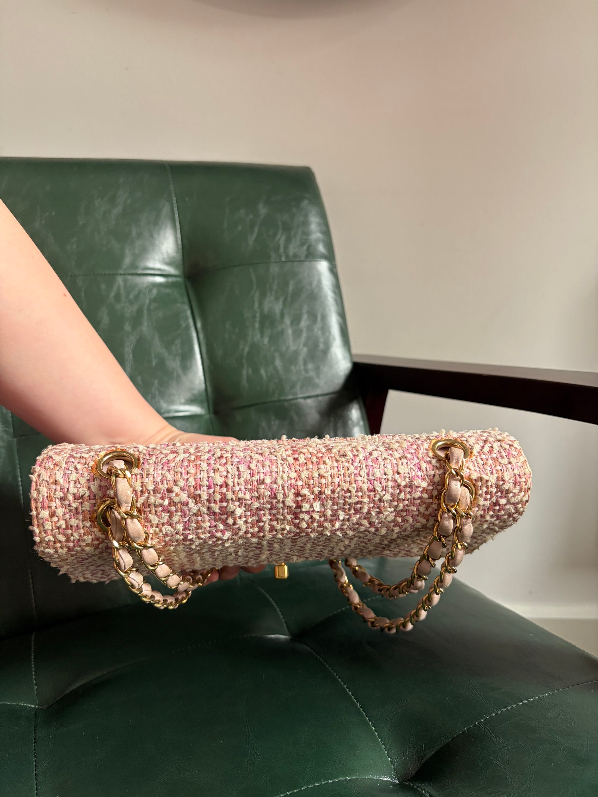Chanel Vintage Pink and White Tweed Medium Classic Flap with 24ct Gold Hardware
