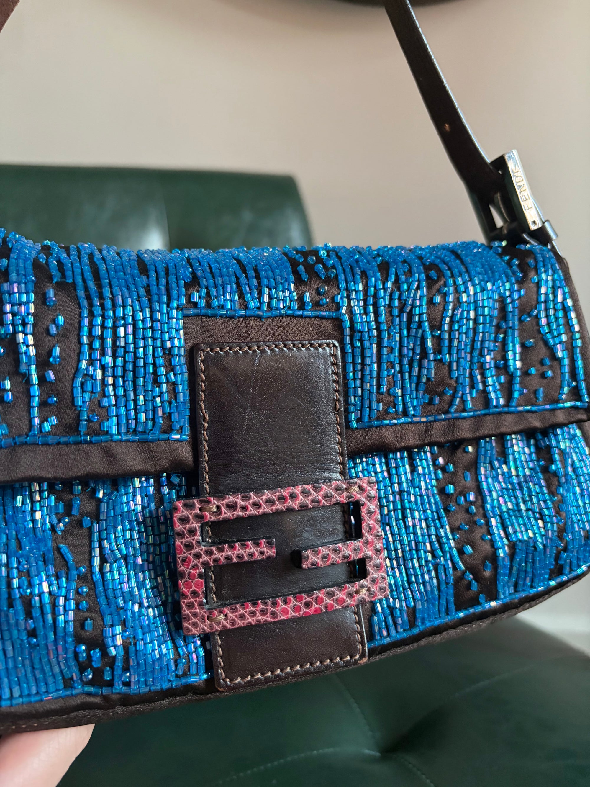 Fendi Dark Brown Satin and Blue Iridescent Beaded Baguette