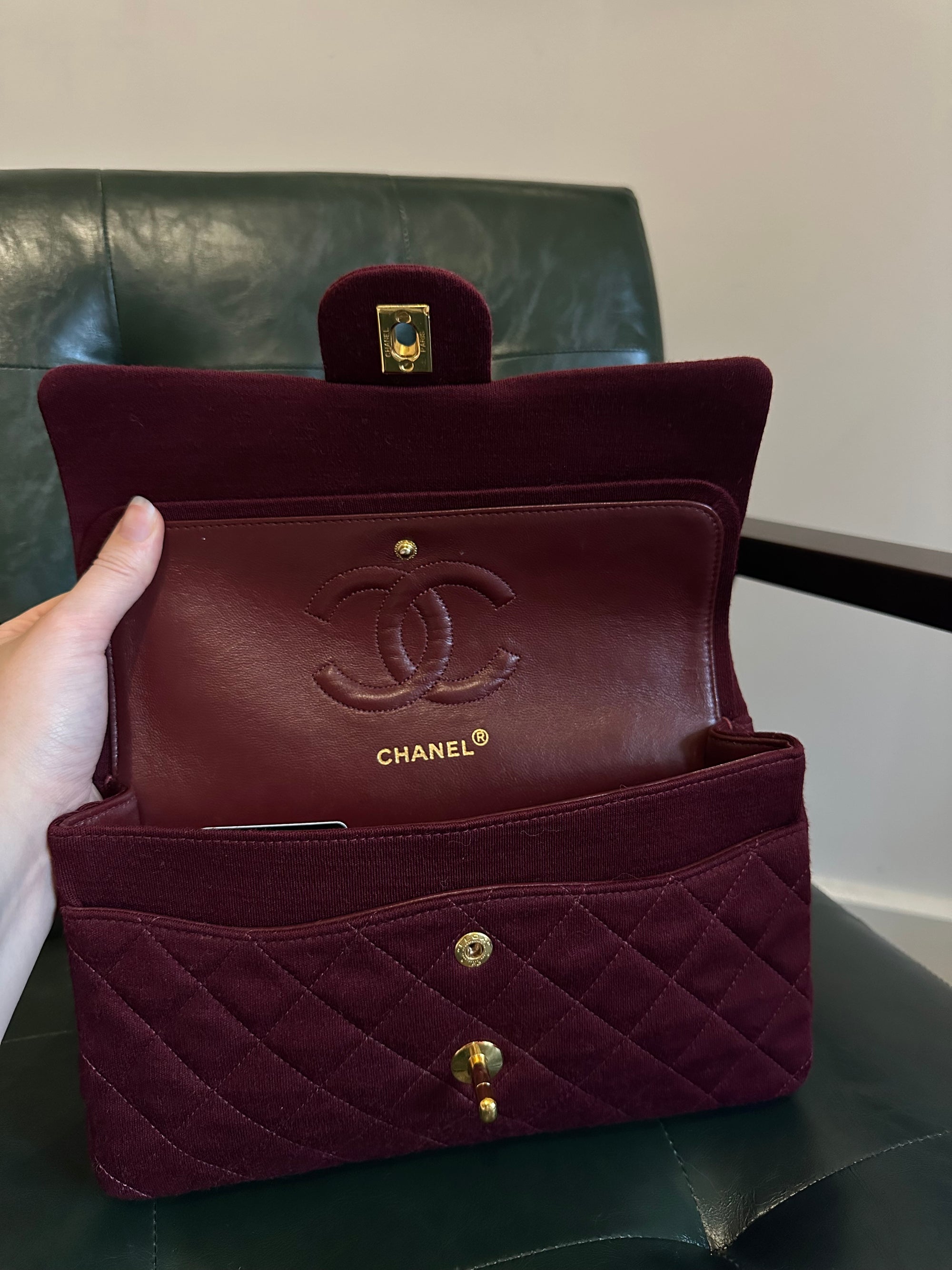 Rare! Chanel medium burgundy jersey double flap bag